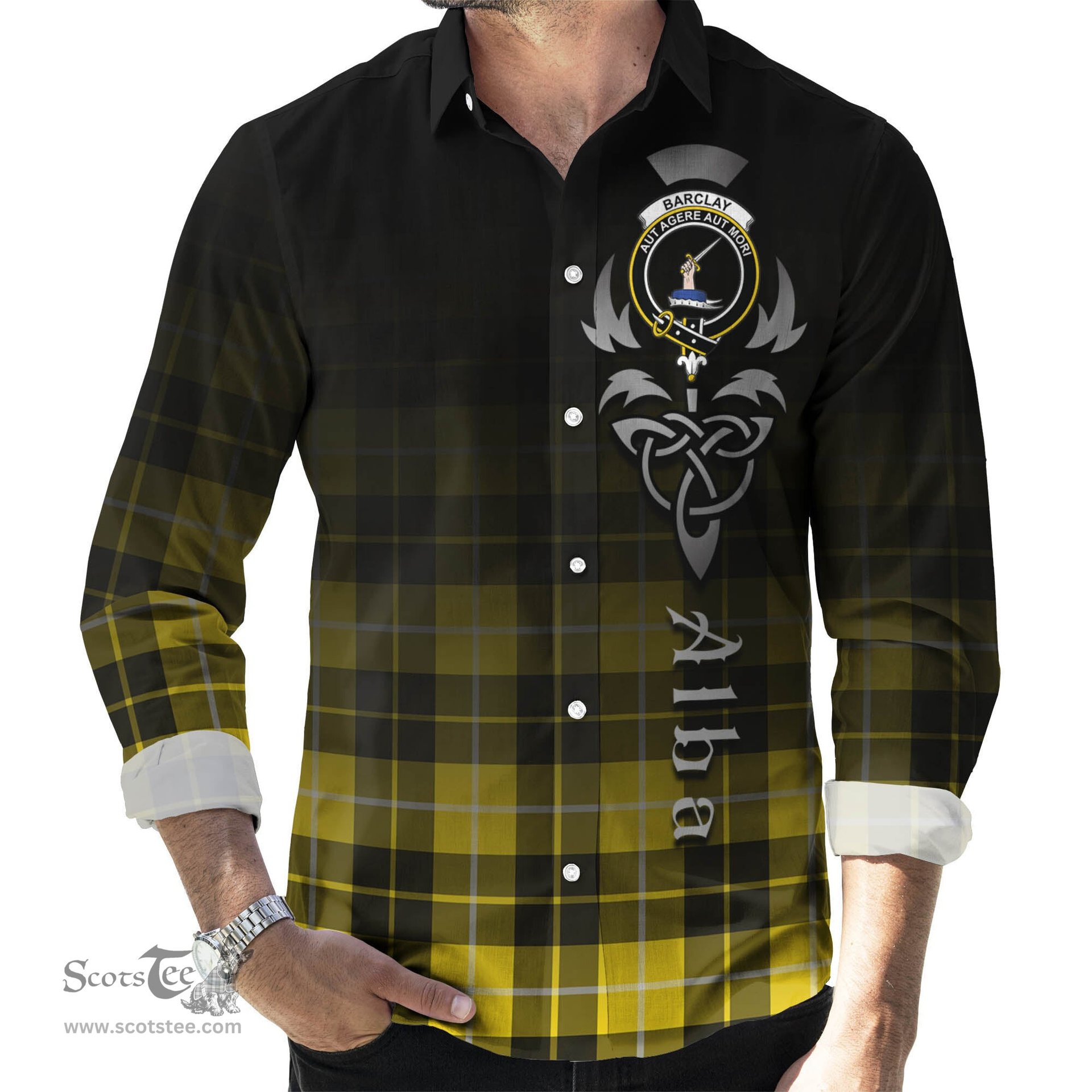 ScotsTee Shop Scottish Barclay Dress Modern Clan Crest Tartan Alba Gu Brath Celtic Inspired Tartan Long Sleeve Shirt