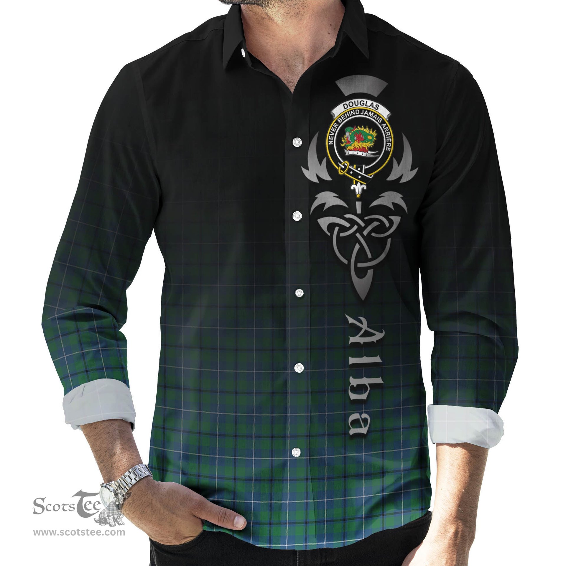 ScotsTee Shop Scottish Douglas Ancient Clan Crest Tartan Alba Gu Brath Celtic Inspired Tartan Long Sleeve Shirt