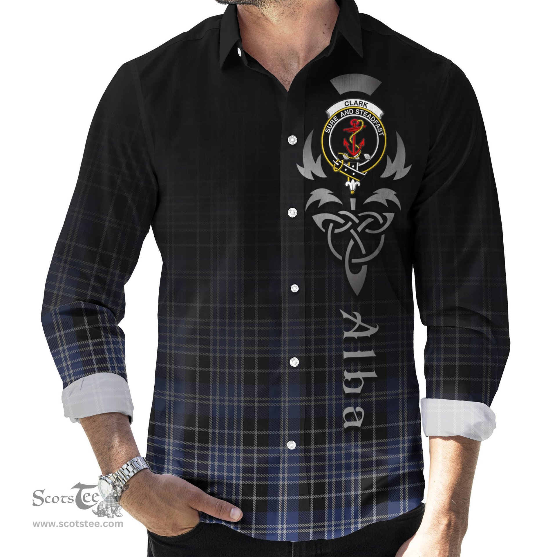 ScotsTee Shop Scottish Clark Clan Crest Tartan Alba Gu Brath Celtic Inspired Tartan Long Sleeve Shirt