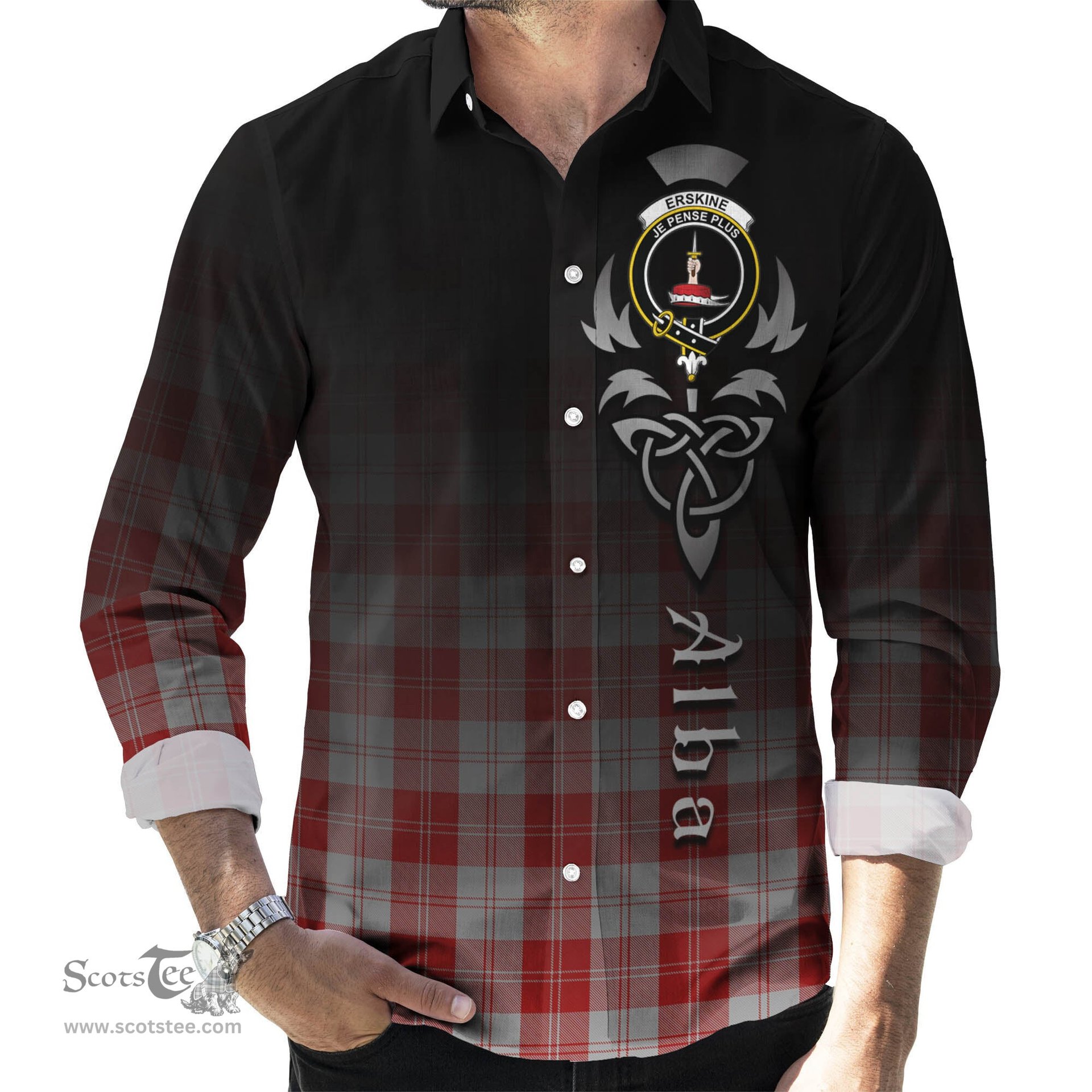 ScotsTee Shop Scottish Erskine Red Clan Crest Tartan Alba Gu Brath Celtic Inspired Tartan Long Sleeve Shirt