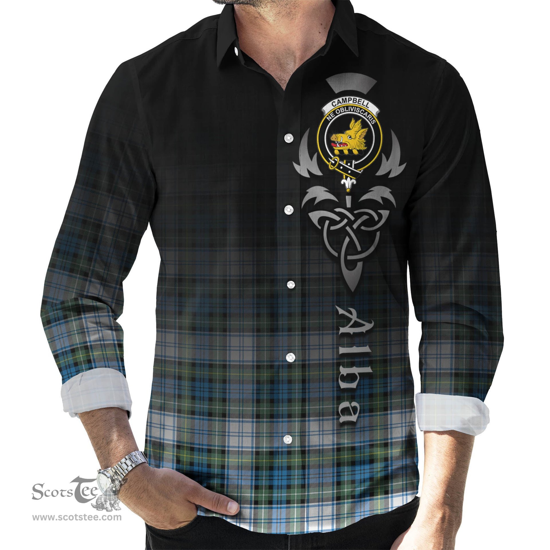 ScotsTee Shop Scottish Campbell Dress Ancient Clan Crest Tartan Alba Gu Brath Celtic Inspired Tartan Long Sleeve Shirt