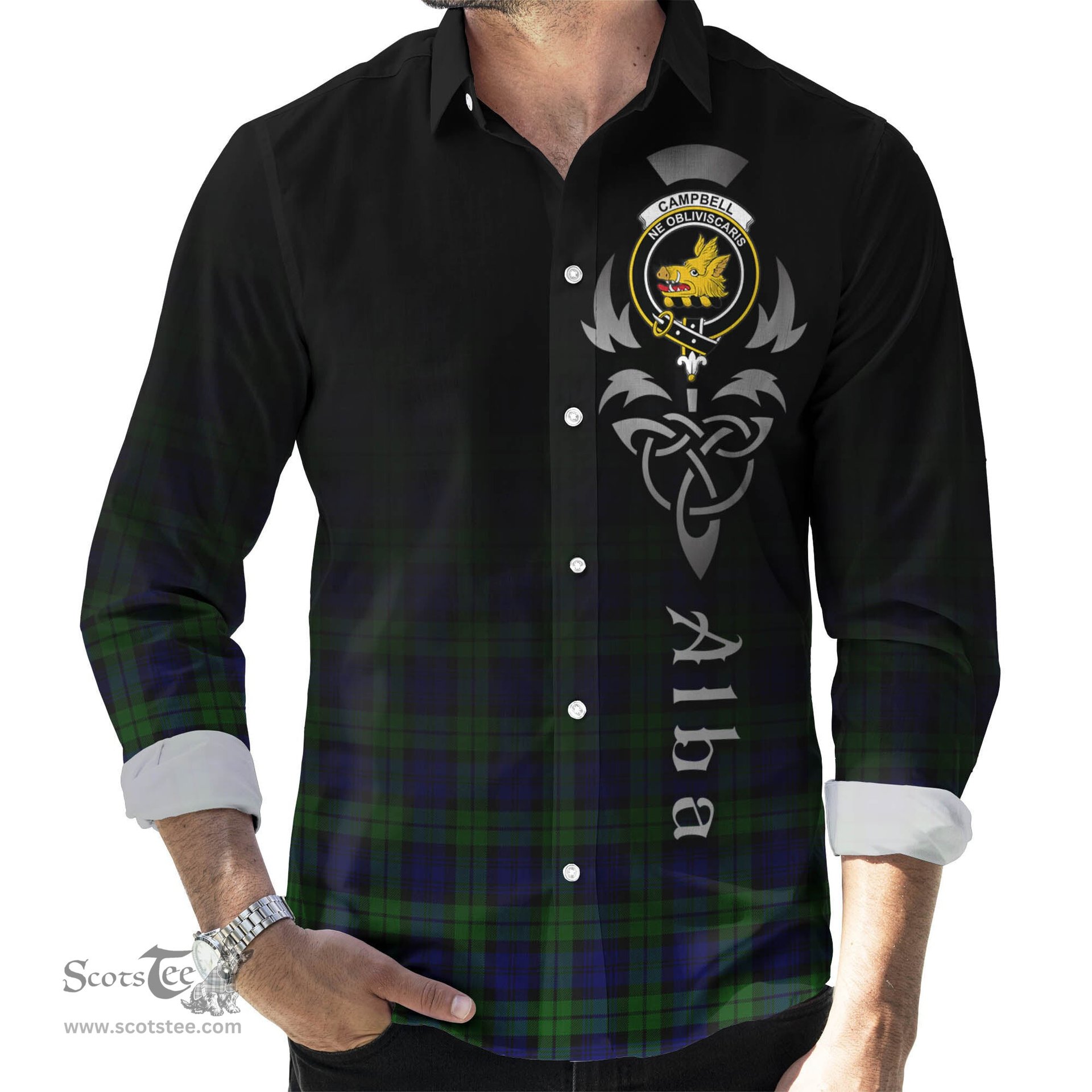 ScotsTee Shop Scottish Campbell Modern Clan Crest Tartan Alba Gu Brath Celtic Inspired Tartan Long Sleeve Shirt