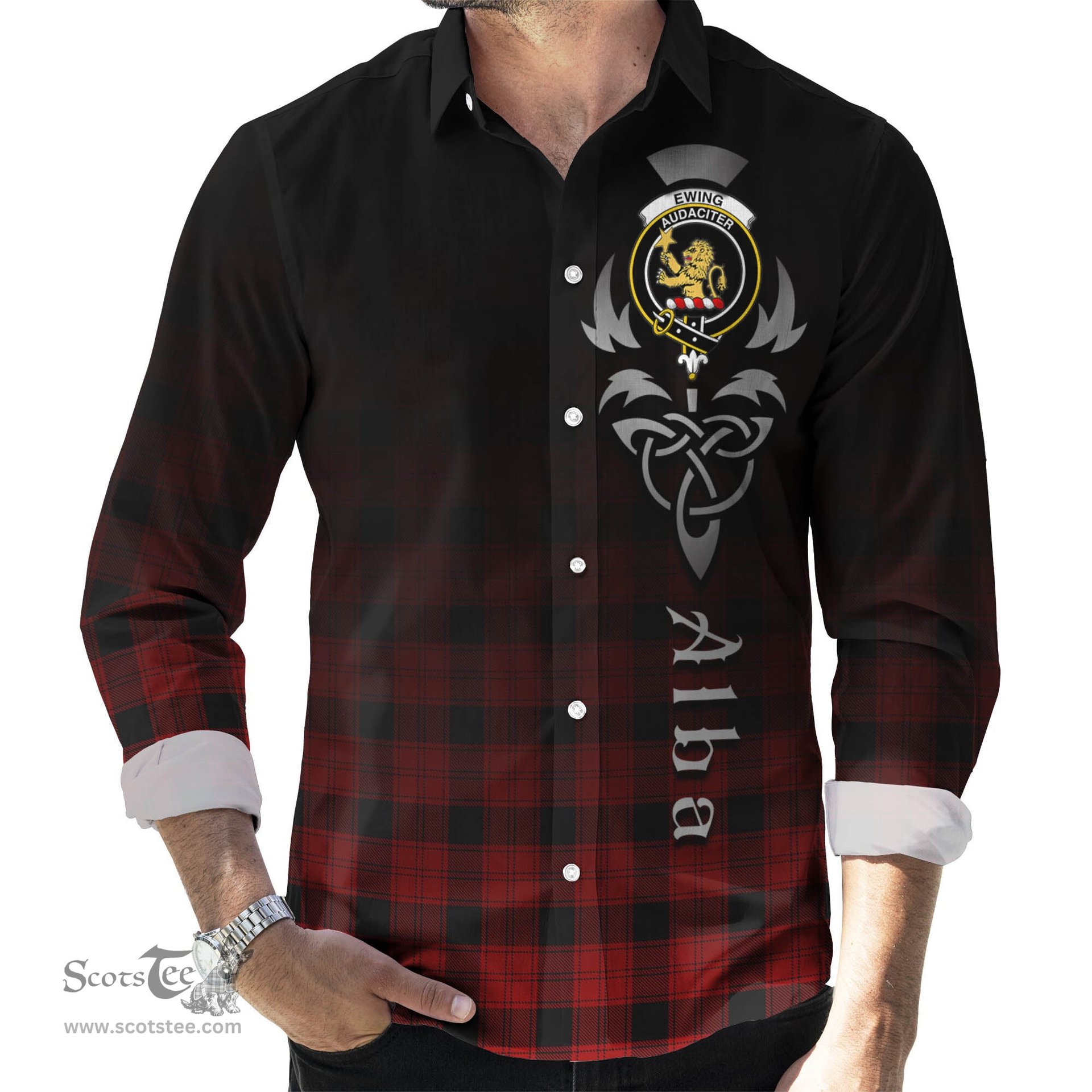 ScotsTee Shop Scottish Ewing Clan Crest Tartan Alba Gu Brath Celtic Inspired Tartan Long Sleeve Shirt