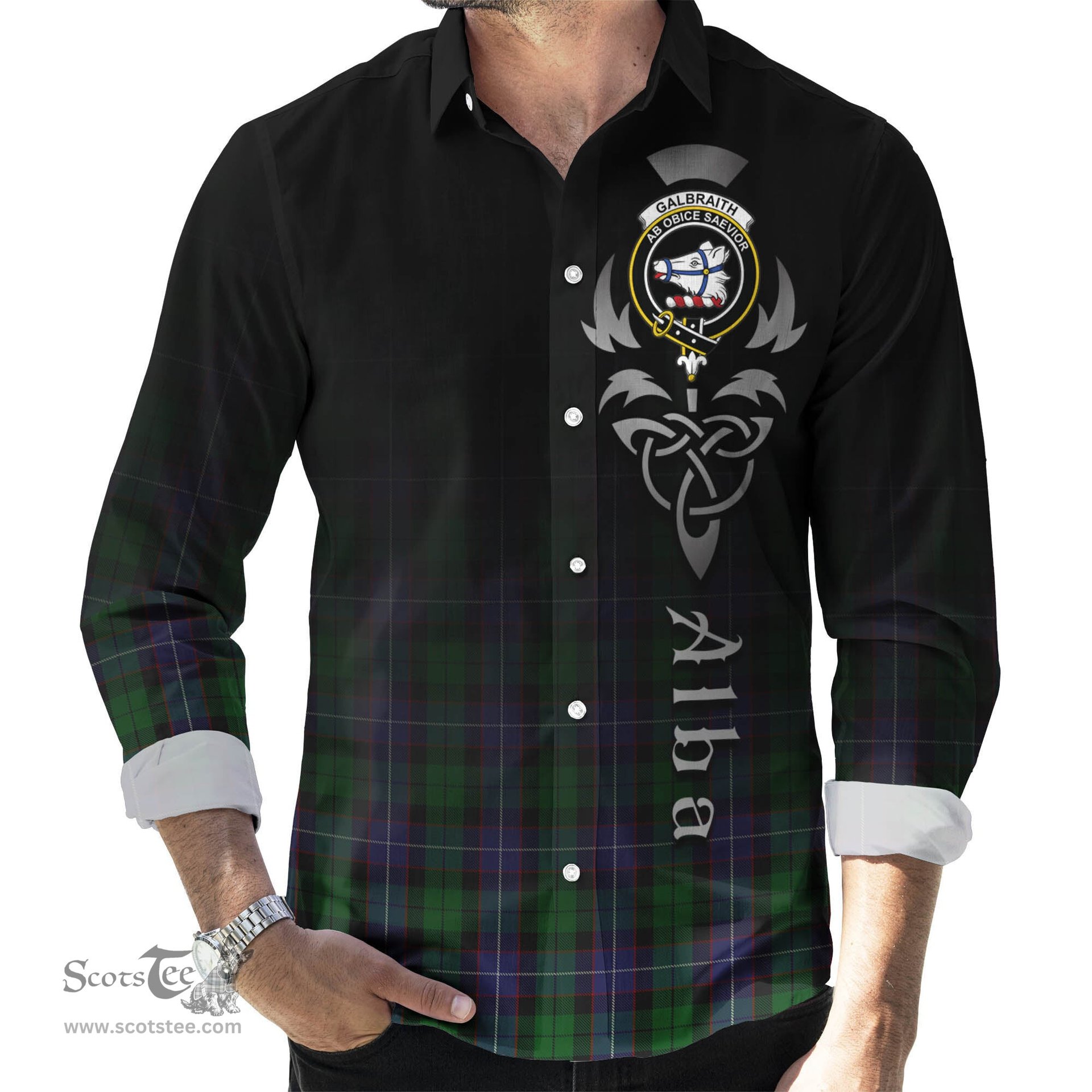 ScotsTee Shop Scottish Galbraith Clan Crest Tartan Alba Gu Brath Celtic Inspired Tartan Long Sleeve Shirt