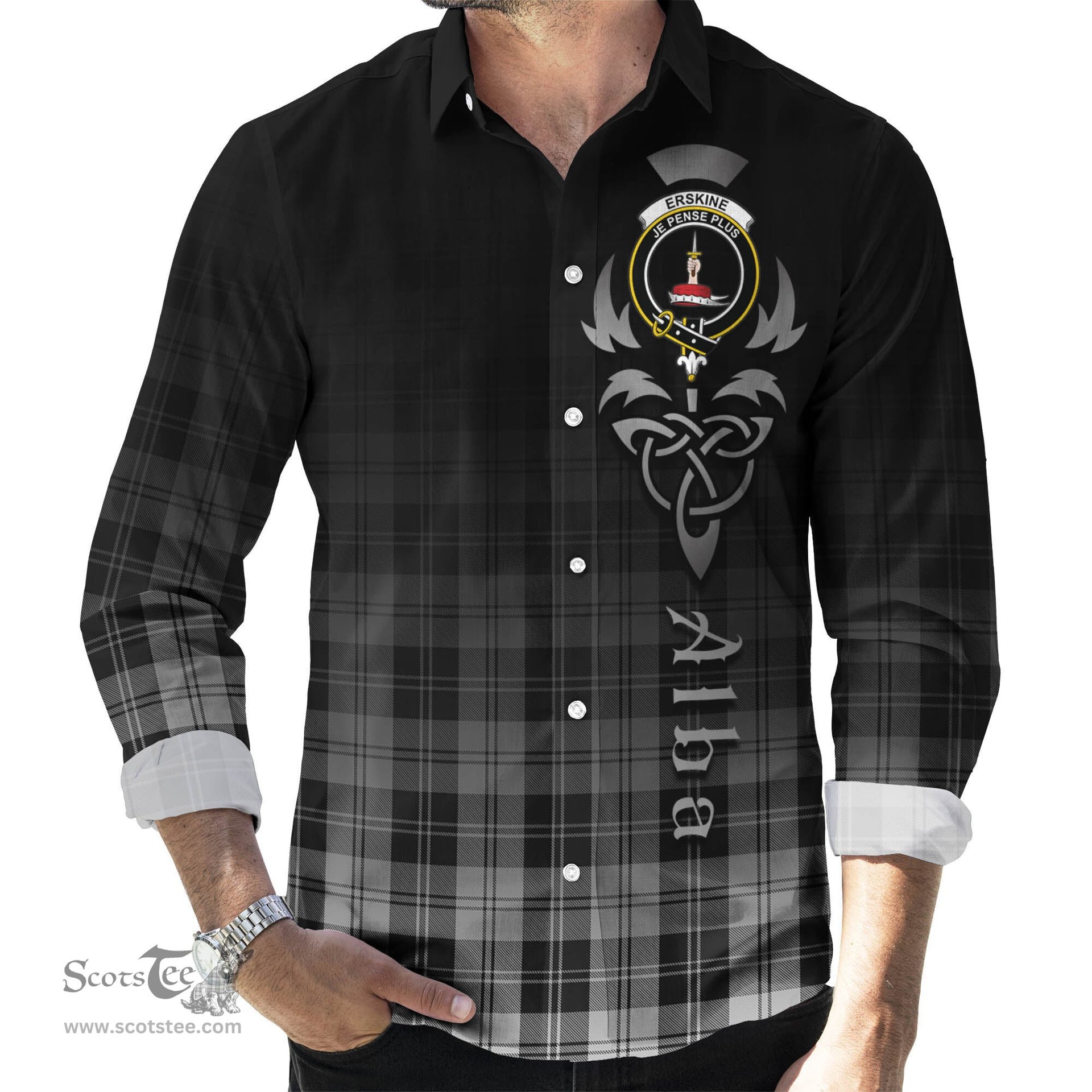 ScotsTee Shop Scottish Erskine Black and White Clan Crest Tartan Alba Gu Brath Celtic Inspired Tartan Long Sleeve Shirt