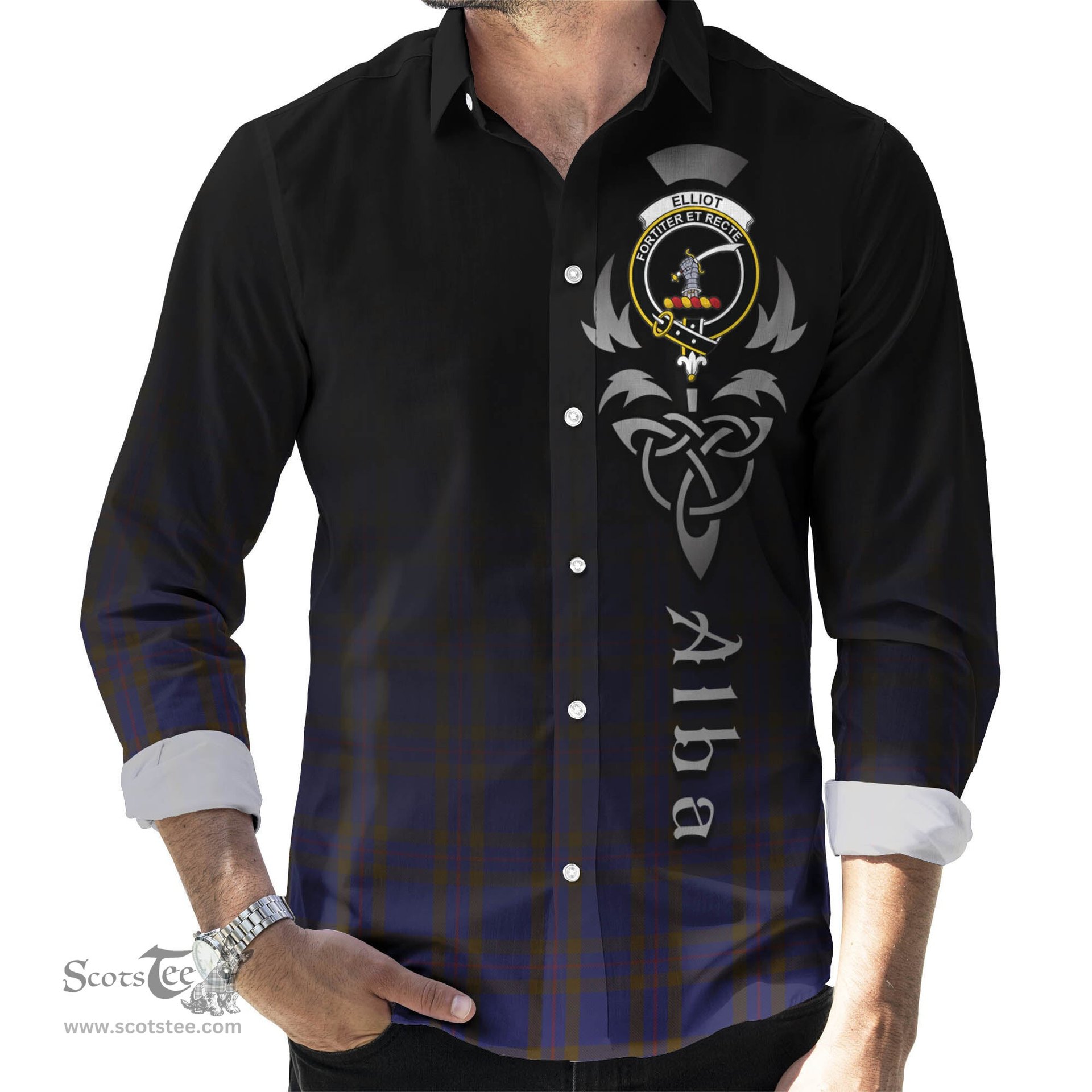 ScotsTee Shop Scottish Elliot Clan Crest Tartan Alba Gu Brath Celtic Inspired Tartan Long Sleeve Shirt