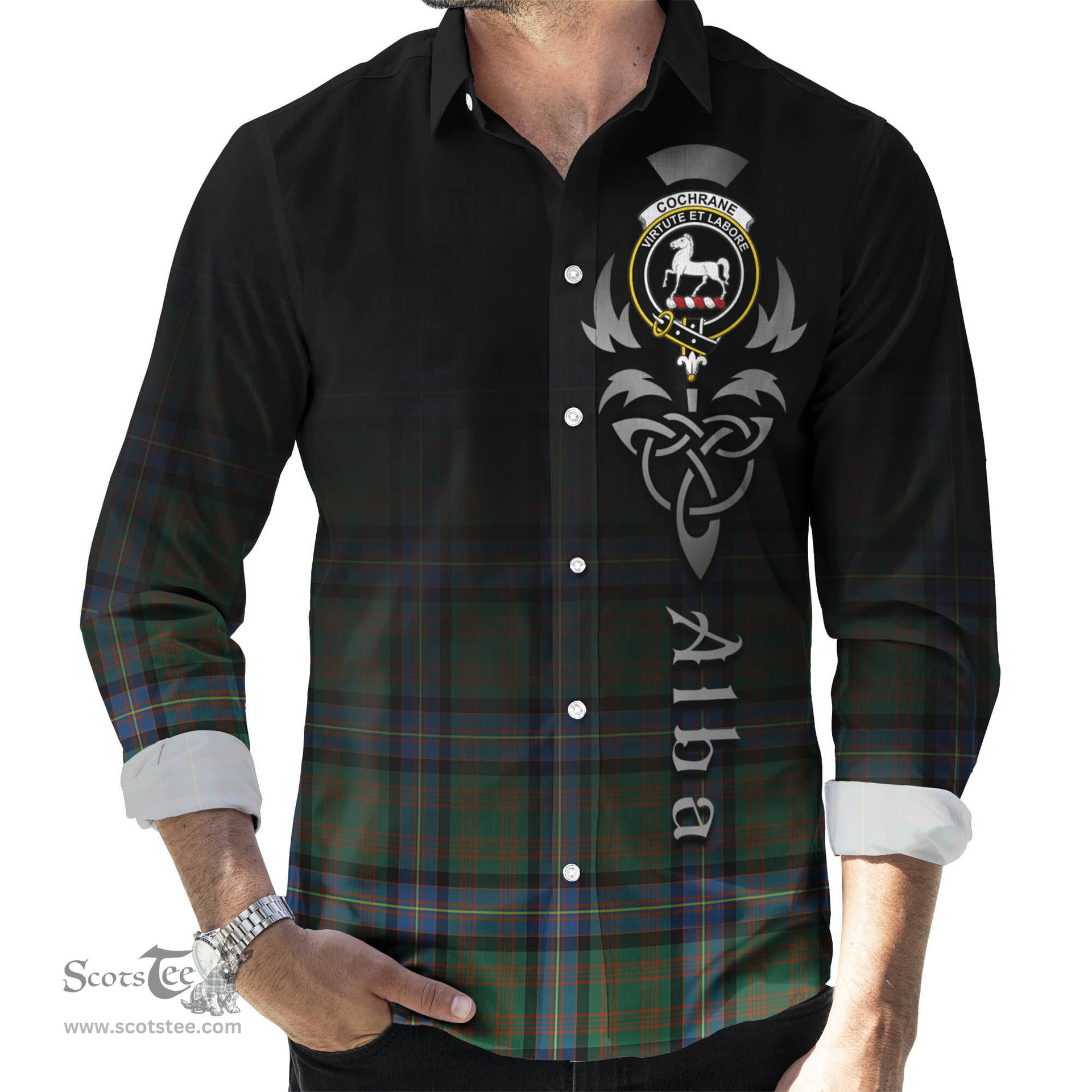 ScotsTee Shop Scottish Cochrane Ancient Clan Crest Tartan Alba Gu Brath Celtic Inspired Tartan Long Sleeve Shirt