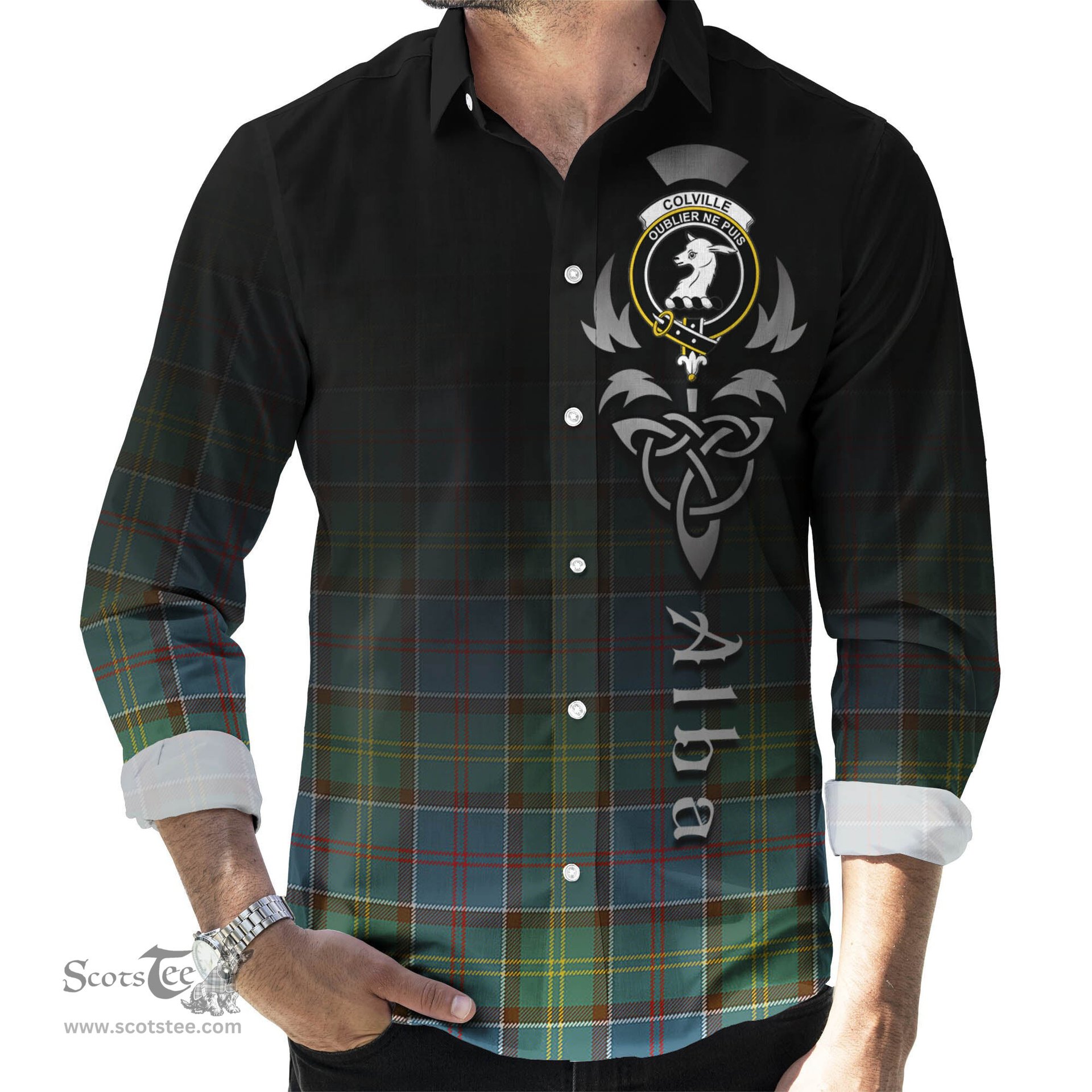 ScotsTee Shop Scottish Colville Clan Crest Tartan Alba Gu Brath Celtic Inspired Tartan Long Sleeve Shirt