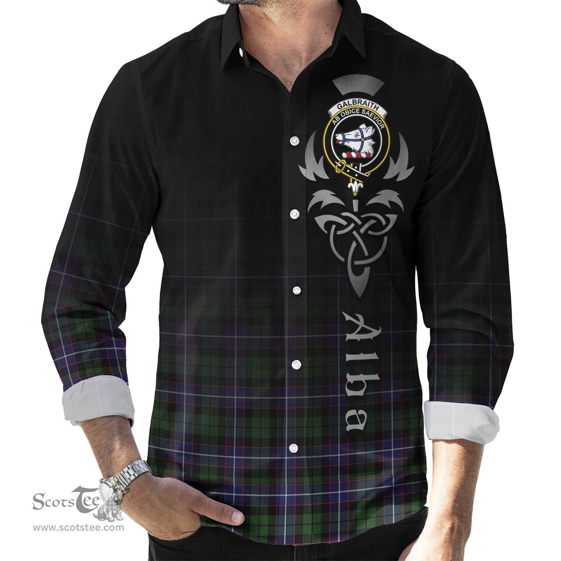 ScotsTee Shop Scottish Galbraith Modern Clan Crest Tartan Alba Gu Brath Celtic Inspired Tartan Long Sleeve Shirt