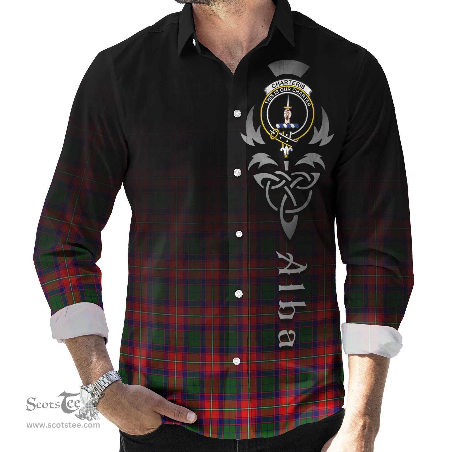 ScotsTee Shop Scottish Charteris Clan Crest Tartan Alba Gu Brath Celtic Inspired Tartan Long Sleeve Shirt