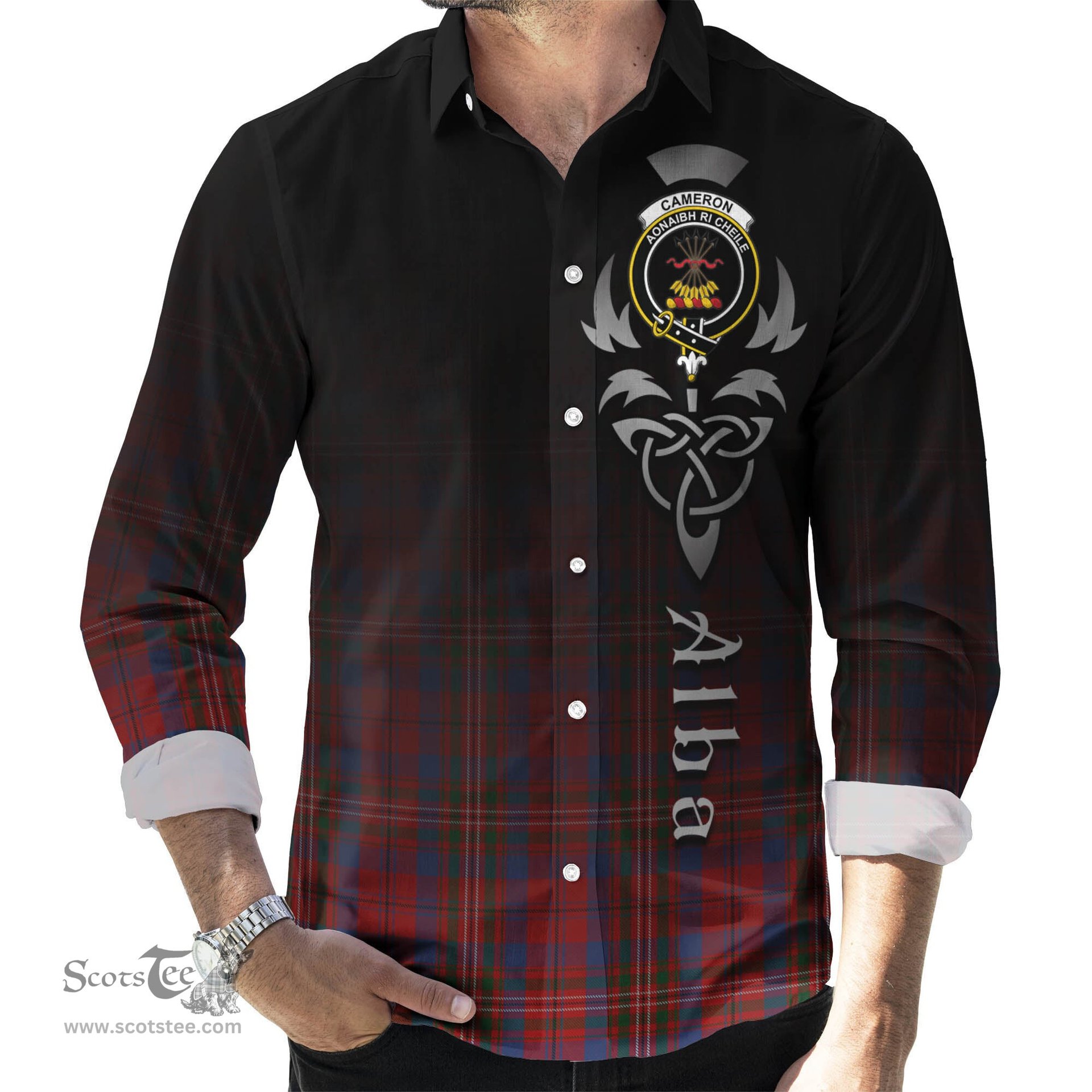 ScotsTee Shop Scottish Cameron of Locheil Clan Crest Tartan Alba Gu Brath Celtic Inspired Tartan Long Sleeve Shirt