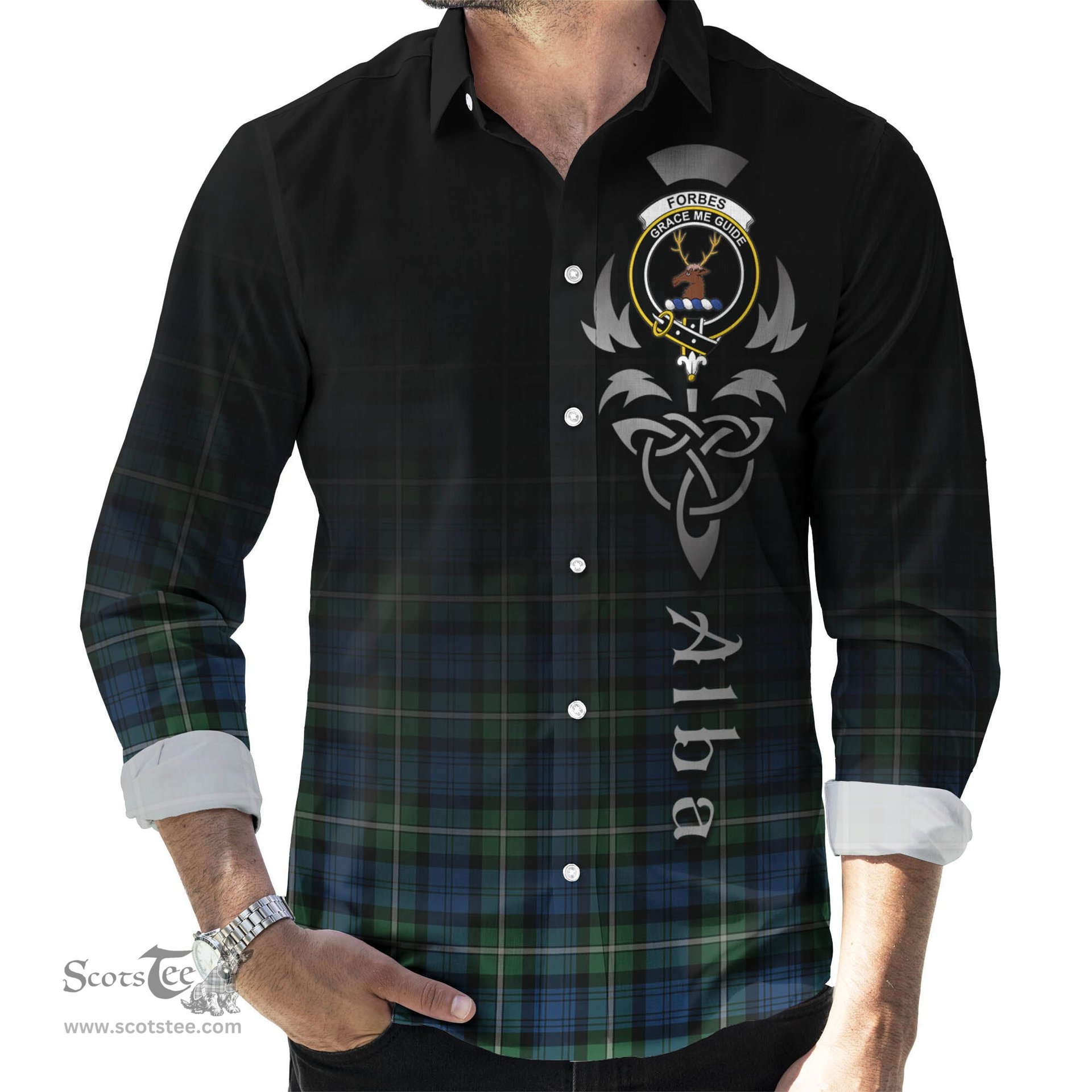 ScotsTee Shop Scottish Forbes Ancient Clan Crest Tartan Alba Gu Brath Celtic Inspired Tartan Long Sleeve Shirt