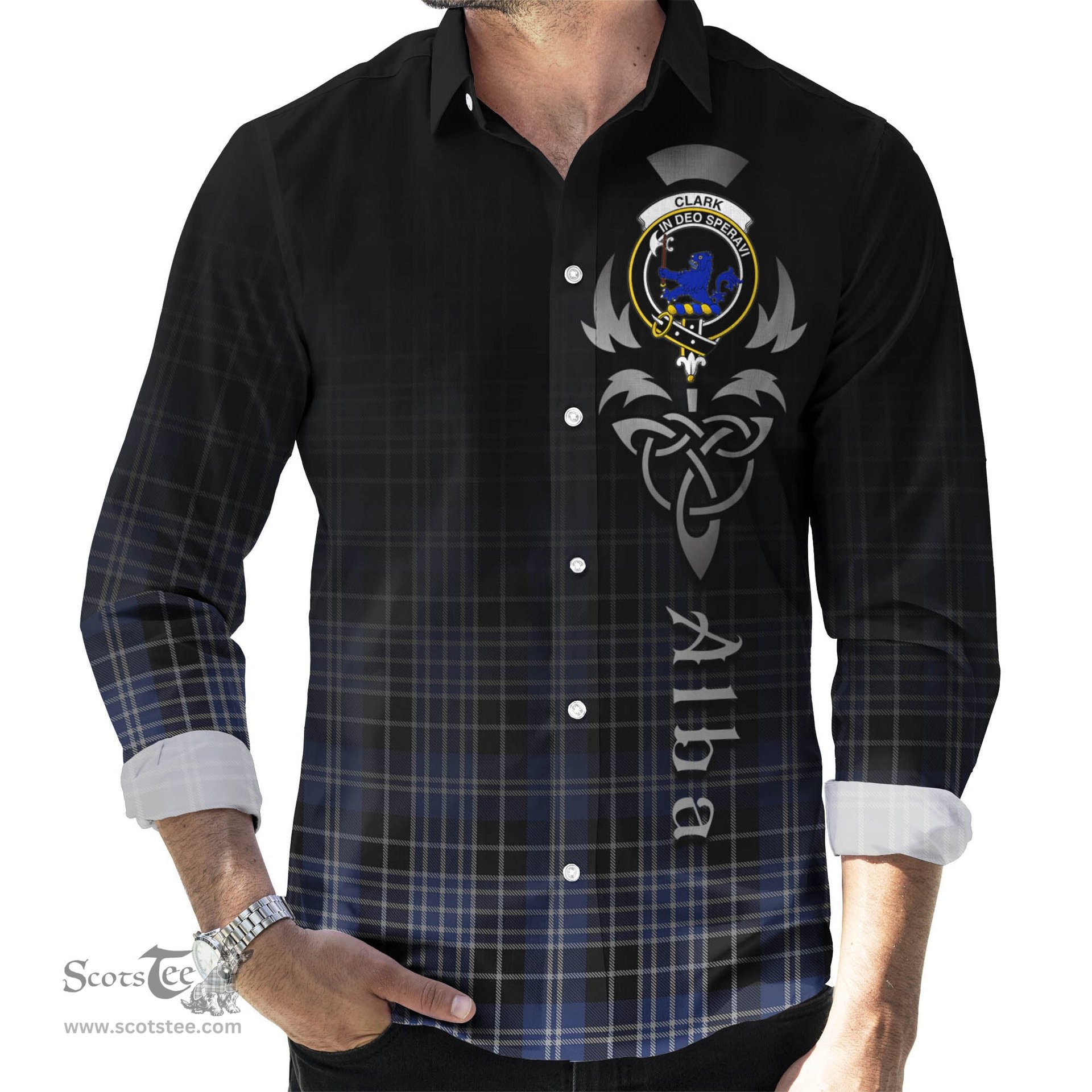 ScotsTee Shop Scottish Clark (Lion) Clan Crest Tartan Alba Gu Brath Celtic Inspired Tartan Long Sleeve Shirt