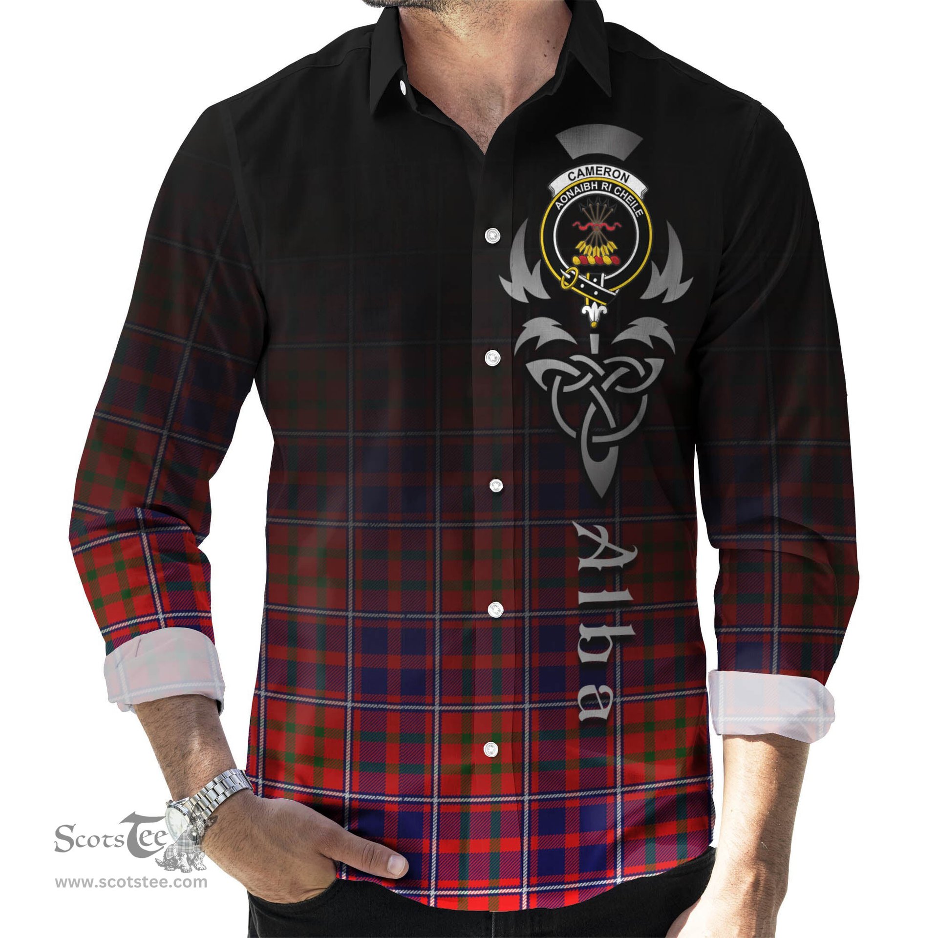 ScotsTee Shop Scottish Cameron of Lochiel Modern Clan Crest Tartan Alba Gu Brath Celtic Inspired Tartan Long Sleeve Shirt