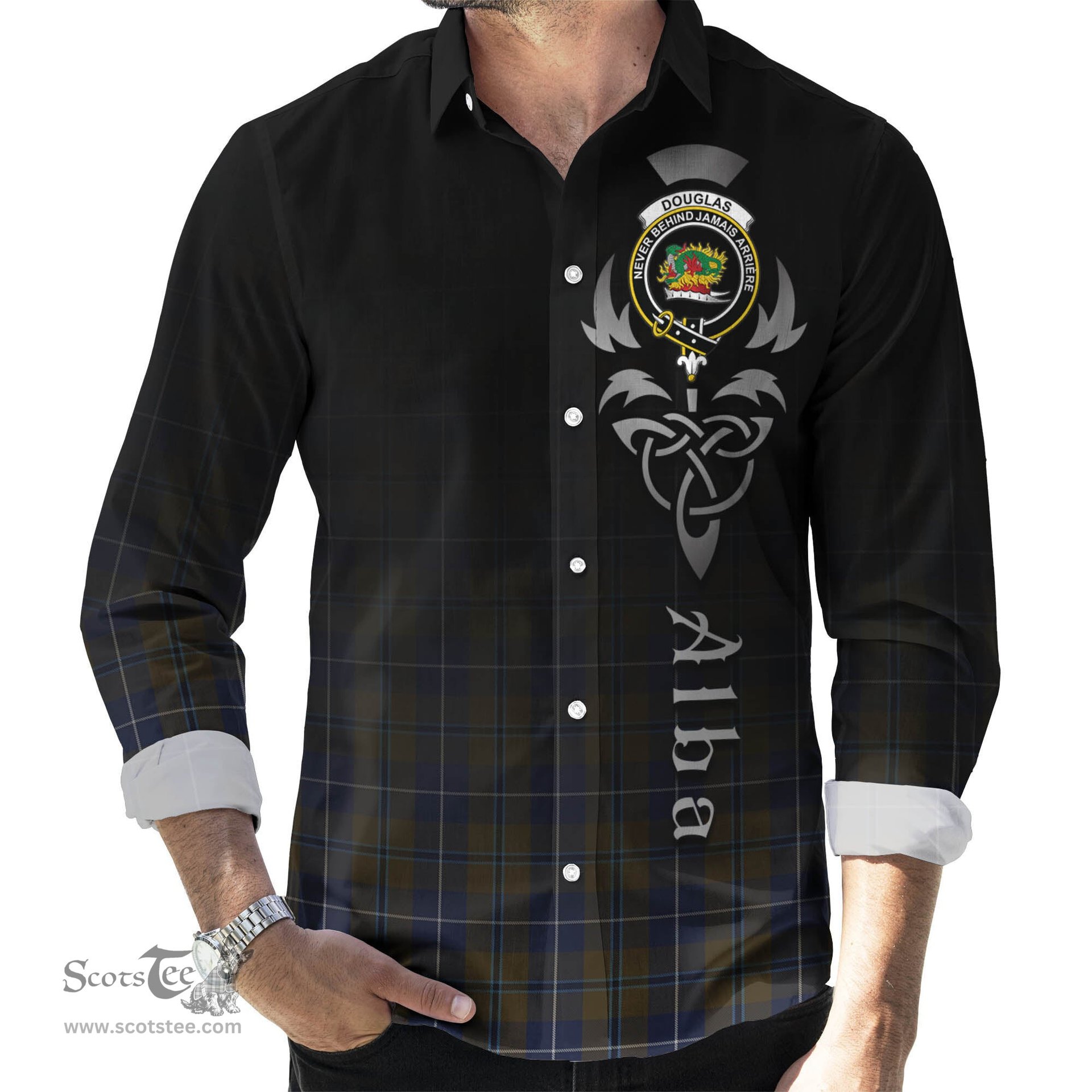 ScotsTee Shop Scottish Douglas Brown Clan Crest Tartan Alba Gu Brath Celtic Inspired Tartan Long Sleeve Shirt