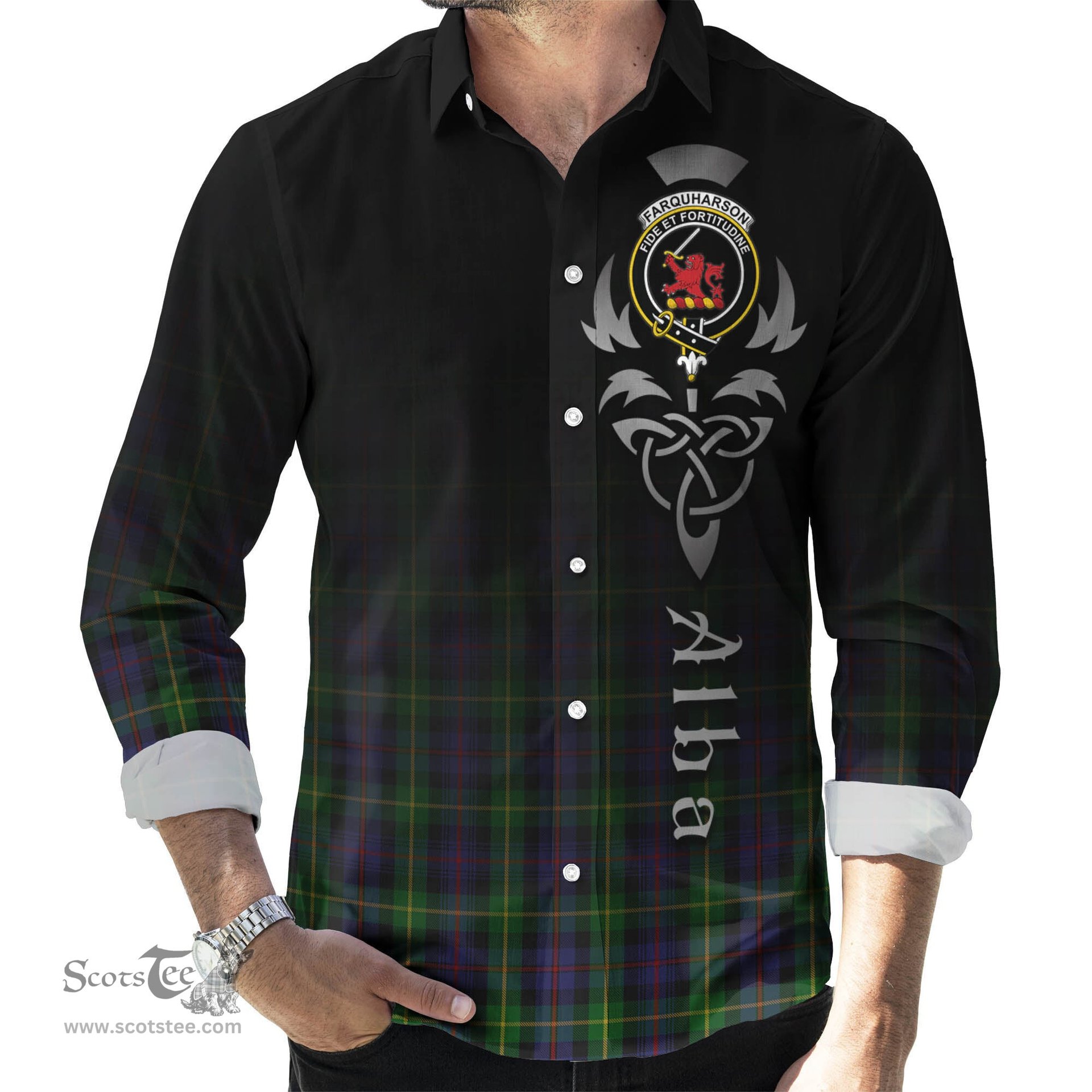 ScotsTee Shop Scottish Farquharson Clan Crest Tartan Alba Gu Brath Celtic Inspired Tartan Long Sleeve Shirt