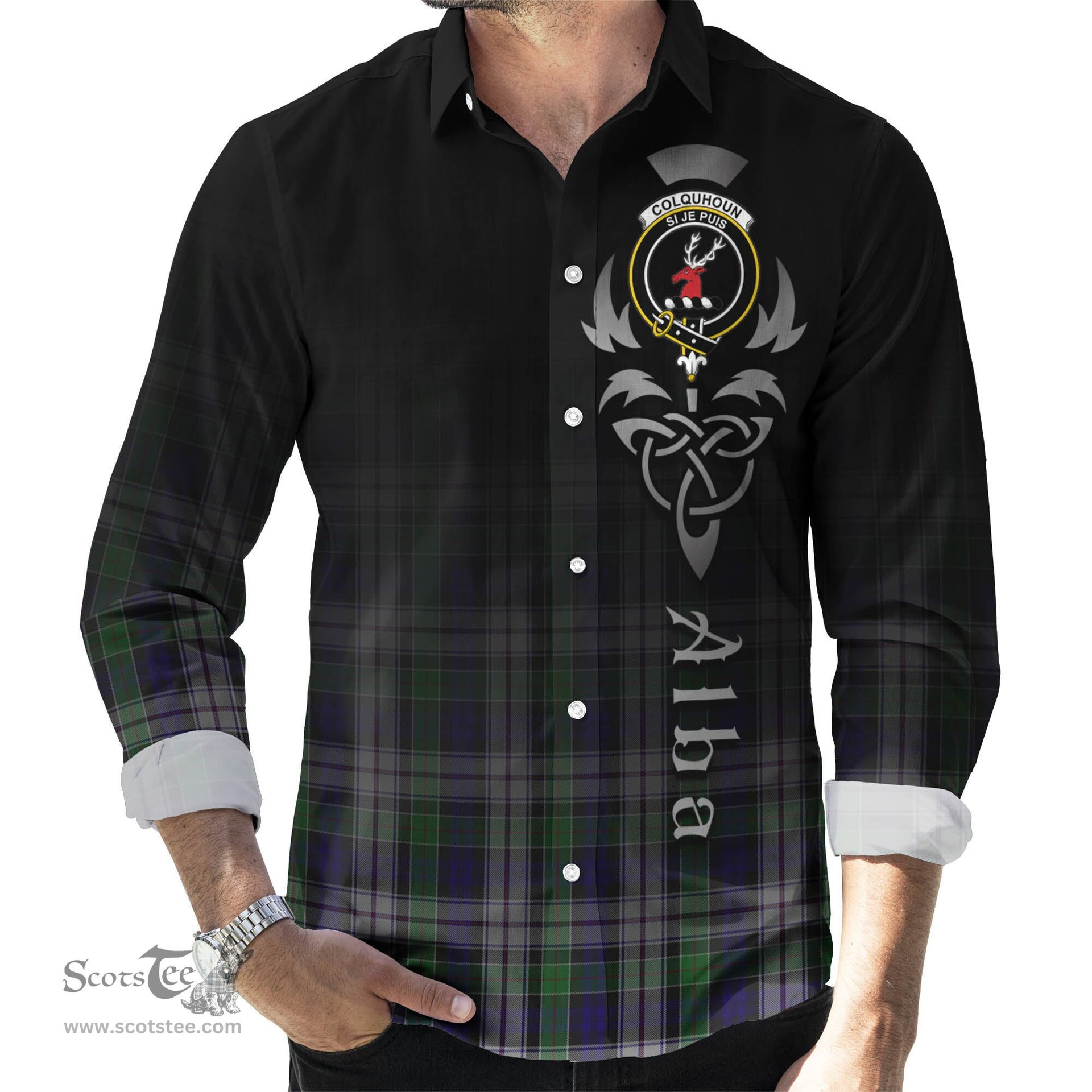 ScotsTee Shop Scottish Colquhoun Dress Clan Crest Tartan Alba Gu Brath Celtic Inspired Tartan Long Sleeve Shirt