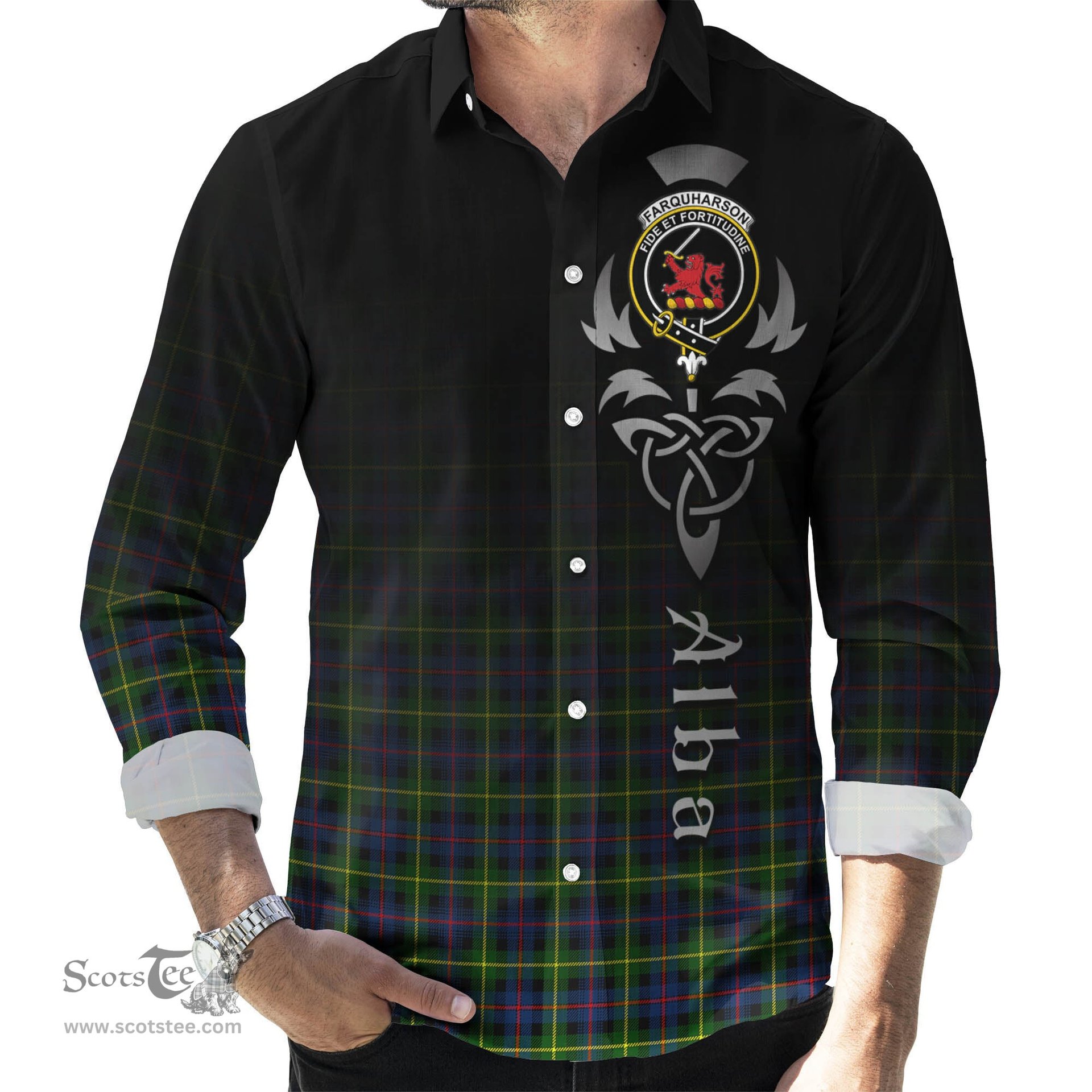 ScotsTee Shop Scottish Farquharson Modern Clan Crest Tartan Alba Gu Brath Celtic Inspired Tartan Long Sleeve Shirt