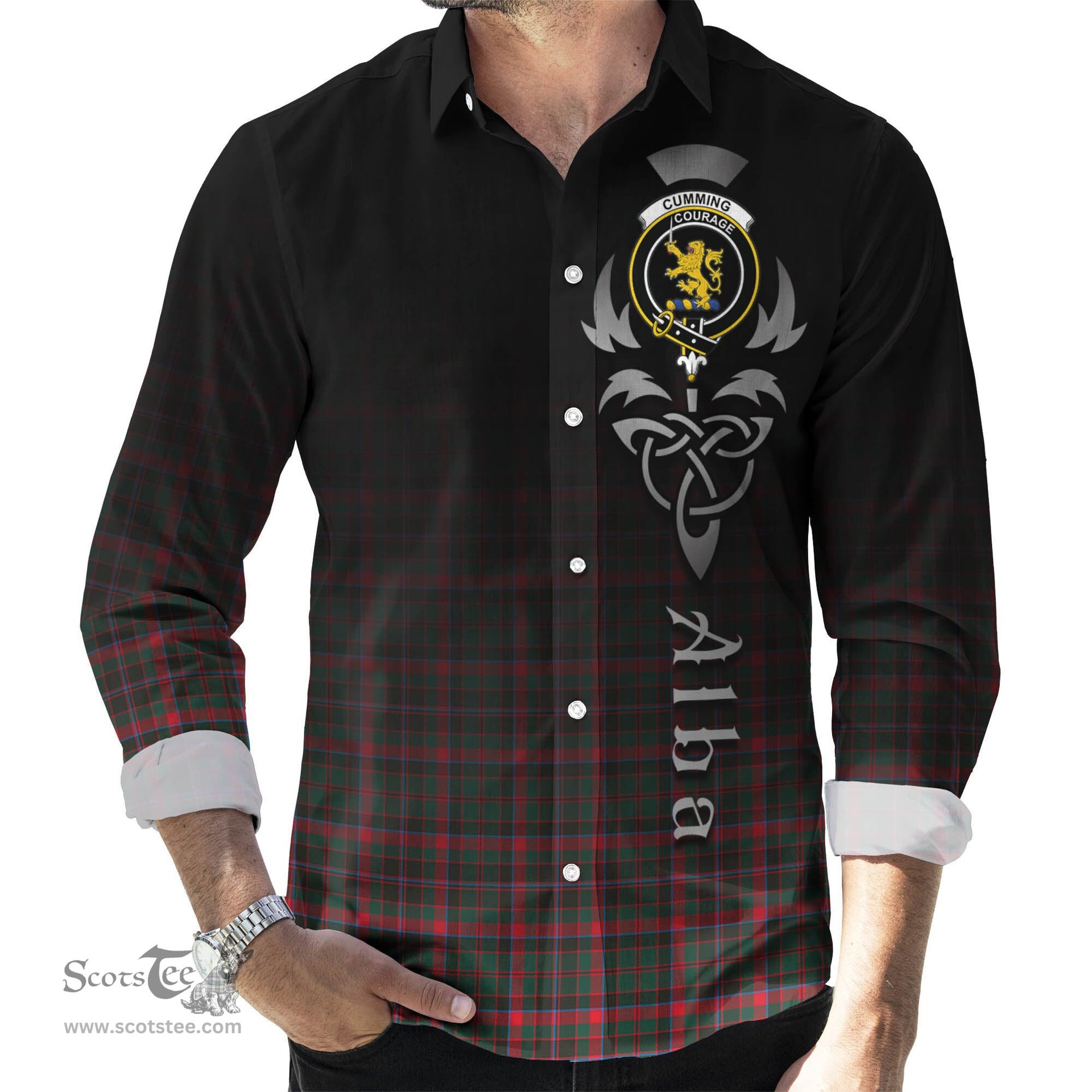 ScotsTee Shop Scottish Cumming Hunting Modern Clan Crest Tartan Alba Gu Brath Celtic Inspired Tartan Long Sleeve Shirt
