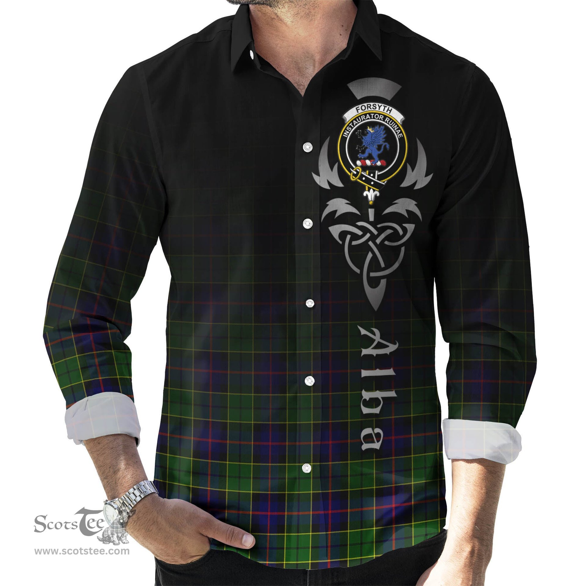 ScotsTee Shop Scottish Forsyth Modern Clan Crest Tartan Alba Gu Brath Celtic Inspired Tartan Long Sleeve Shirt
