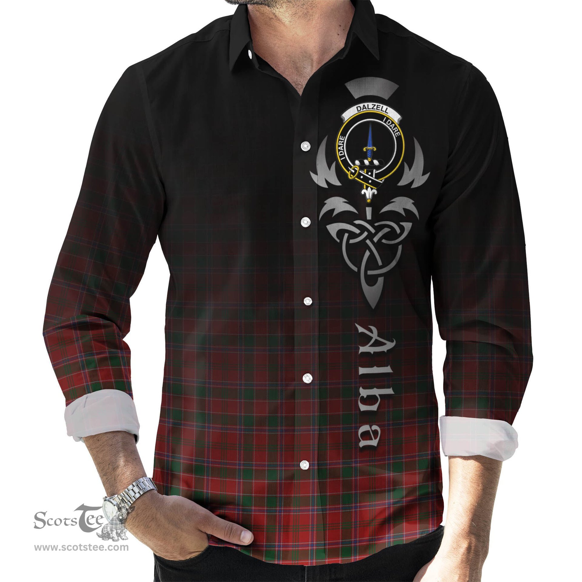 ScotsTee Shop Scottish Dalzell (Dalziel) Clan Crest Tartan Alba Gu Brath Celtic Inspired Tartan Long Sleeve Shirt
