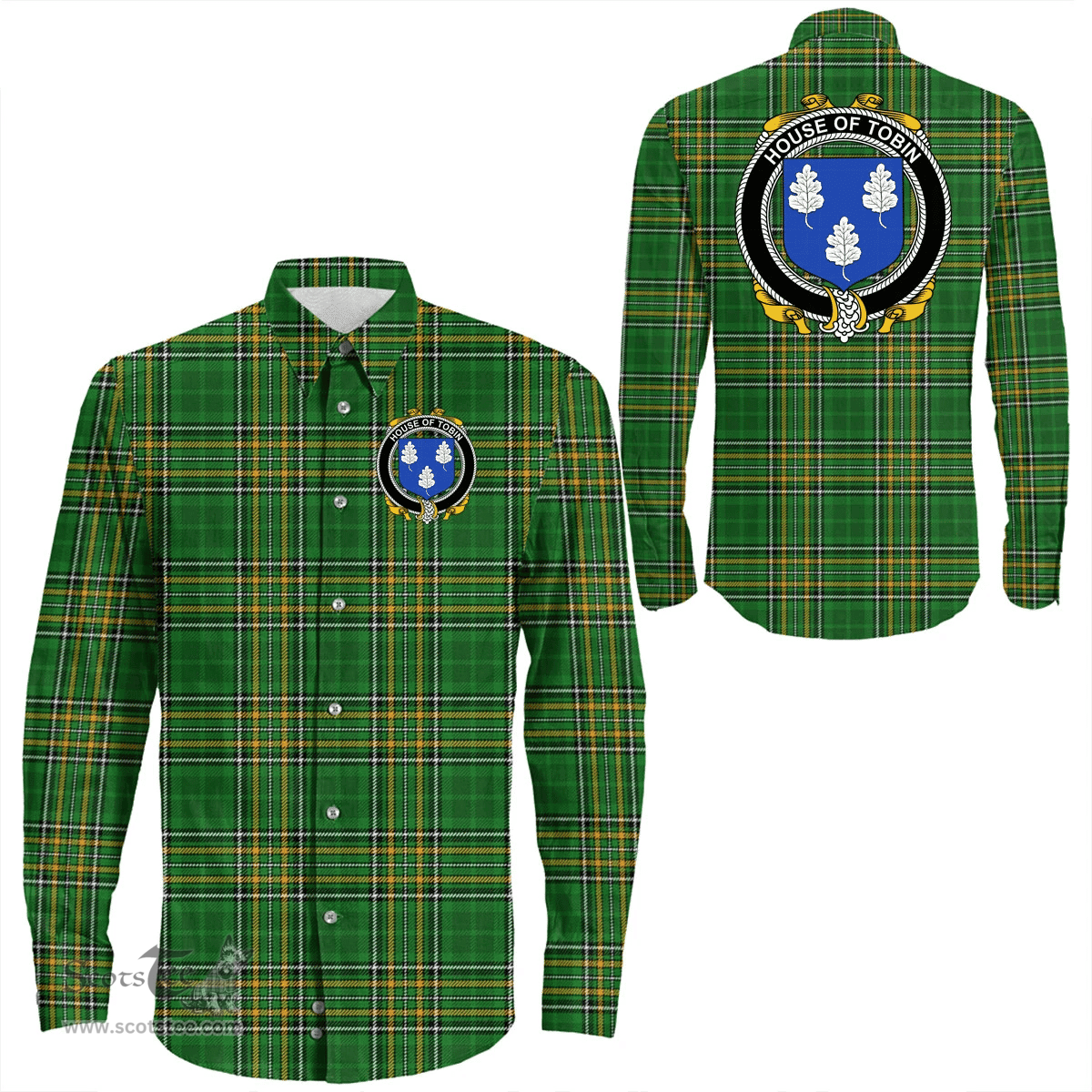Irish House of TOBIN Coat of Arms Family Crest Ireland Long Sleeve Button Shirt Irish National Tartan Irish County Shirts