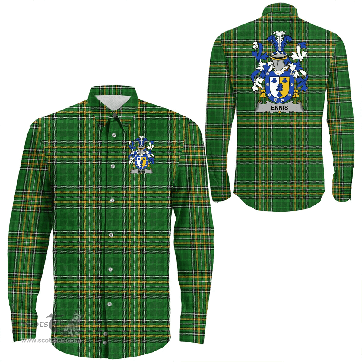 Irish Ennis Coat of Arms Family Crest Ireland Long Sleeve Button Shirt Irish National Tartan Irish County Shirts