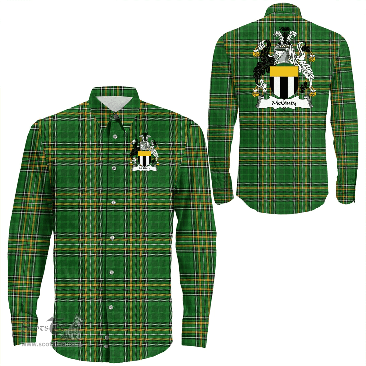 Irish McGinty Coat of Arms Family Crest Ireland Long Sleeve Button Shirt Irish National Tartan Irish County Shirts