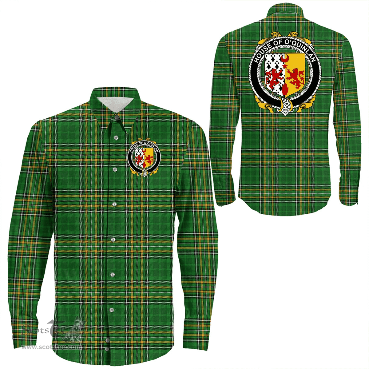 Irish House of O'QUINLAN Coat of Arms Family Crest Ireland Long Sleeve Button Shirt Irish National Tartan Irish County Shirts