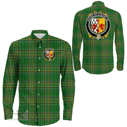 Irish House of O'QUINLAN Coat of Arms Family Crest Ireland Long Sleeve Button Shirt Irish National Tartan Irish County Shirts