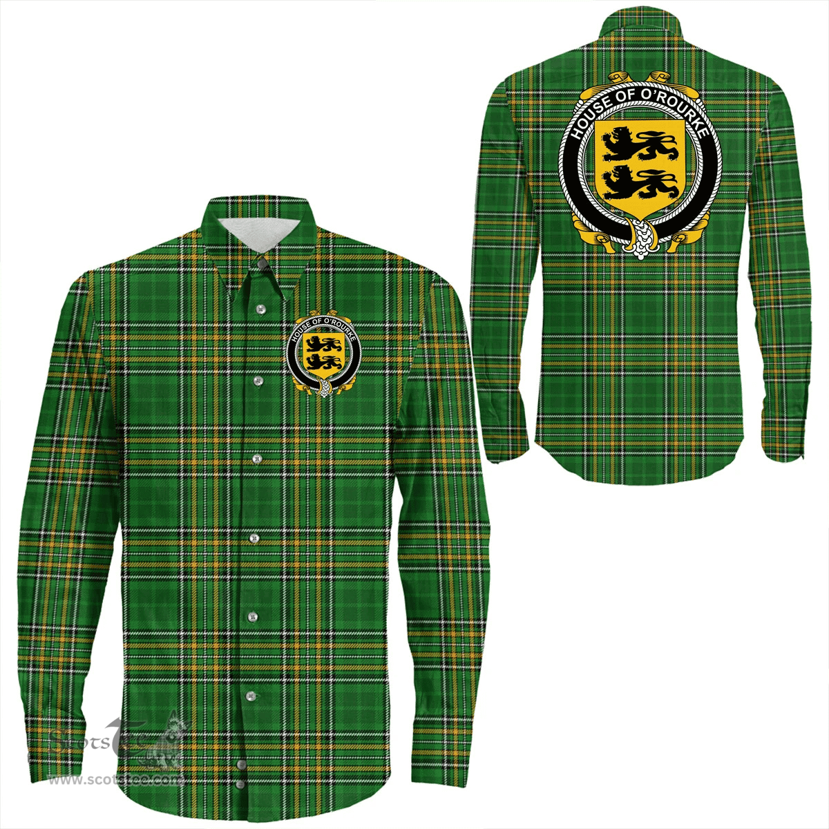 Irish House of O'ROURKE Coat of Arms Family Crest Ireland Long Sleeve Button Shirt Irish National Tartan Irish County Shirts