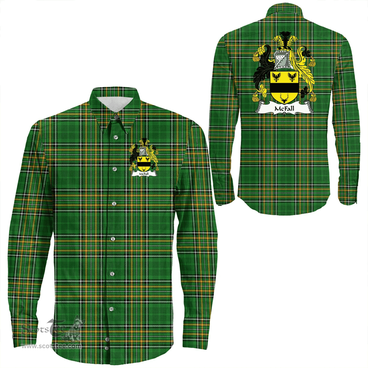 Irish McFall Coat of Arms Family Crest Ireland Long Sleeve Button Shirt Irish National Tartan Irish County Shirts