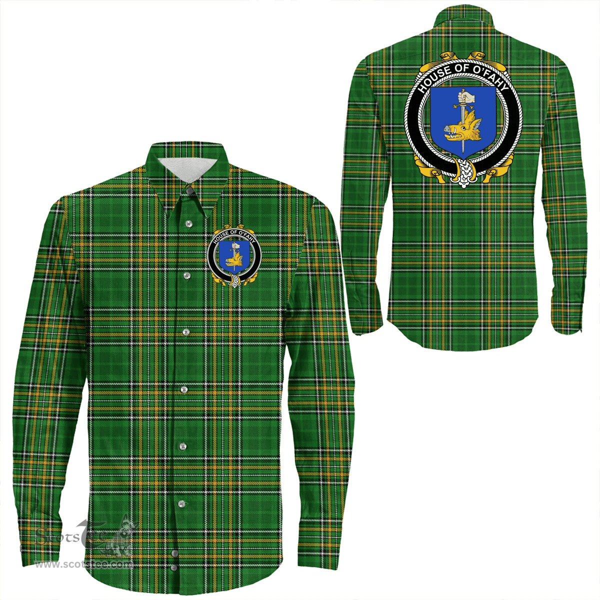 Irish House of O'FAHY Coat of Arms Family Crest Ireland Long Sleeve Button Shirt Irish National Tartan Irish County Shirts