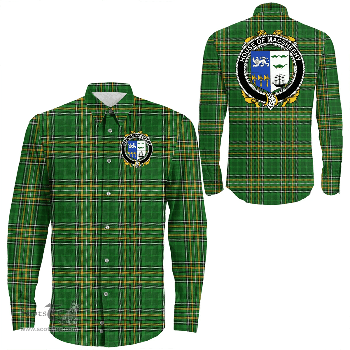 Irish House of MACSHEEHY Coat of Arms Family Crest Ireland Long Sleeve Button Shirt Irish National Tartan Irish County Shirts