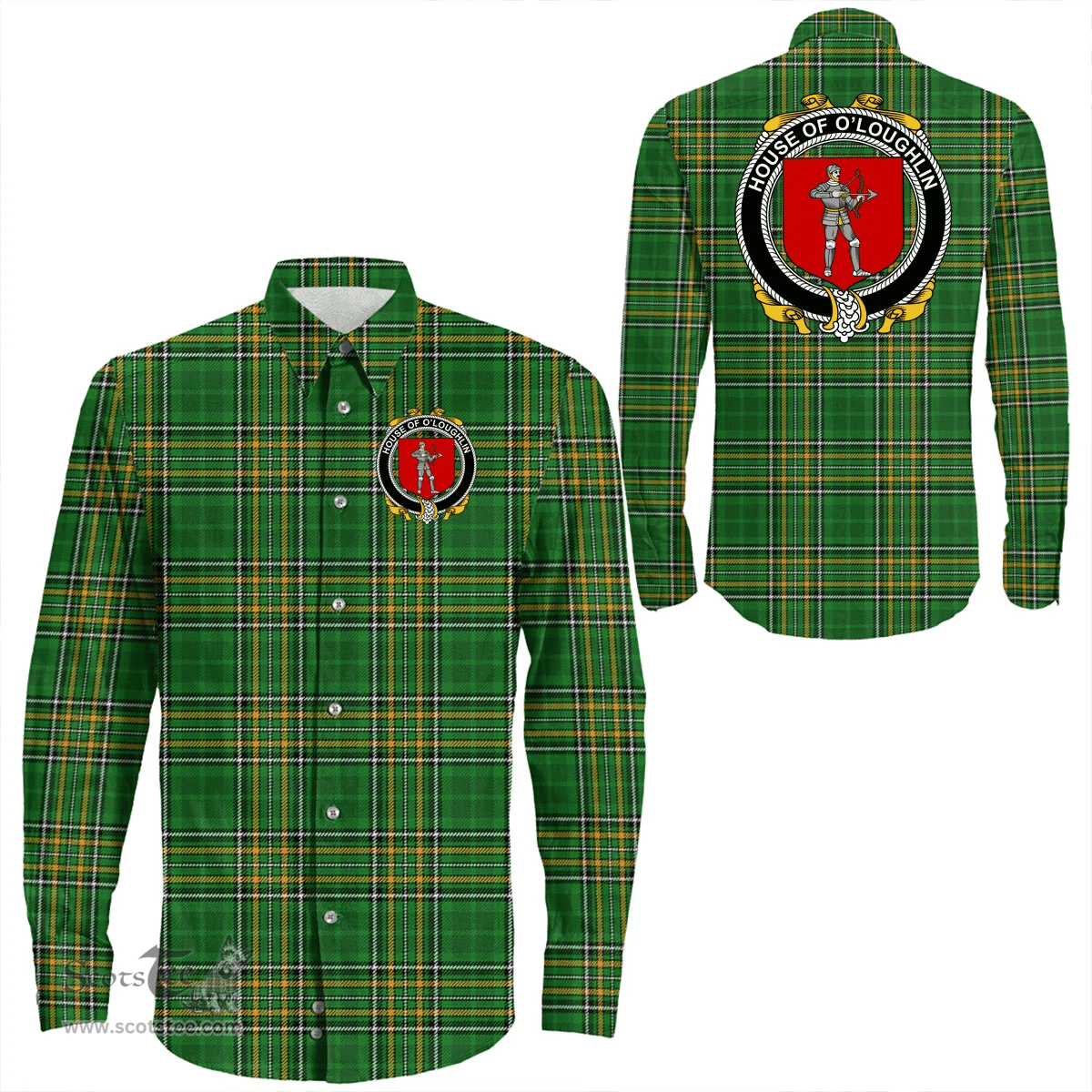 Irish House of O'LOUGHLIN Coat of Arms Family Crest Ireland Long Sleeve Button Shirt Irish National Tartan Irish County Shirts