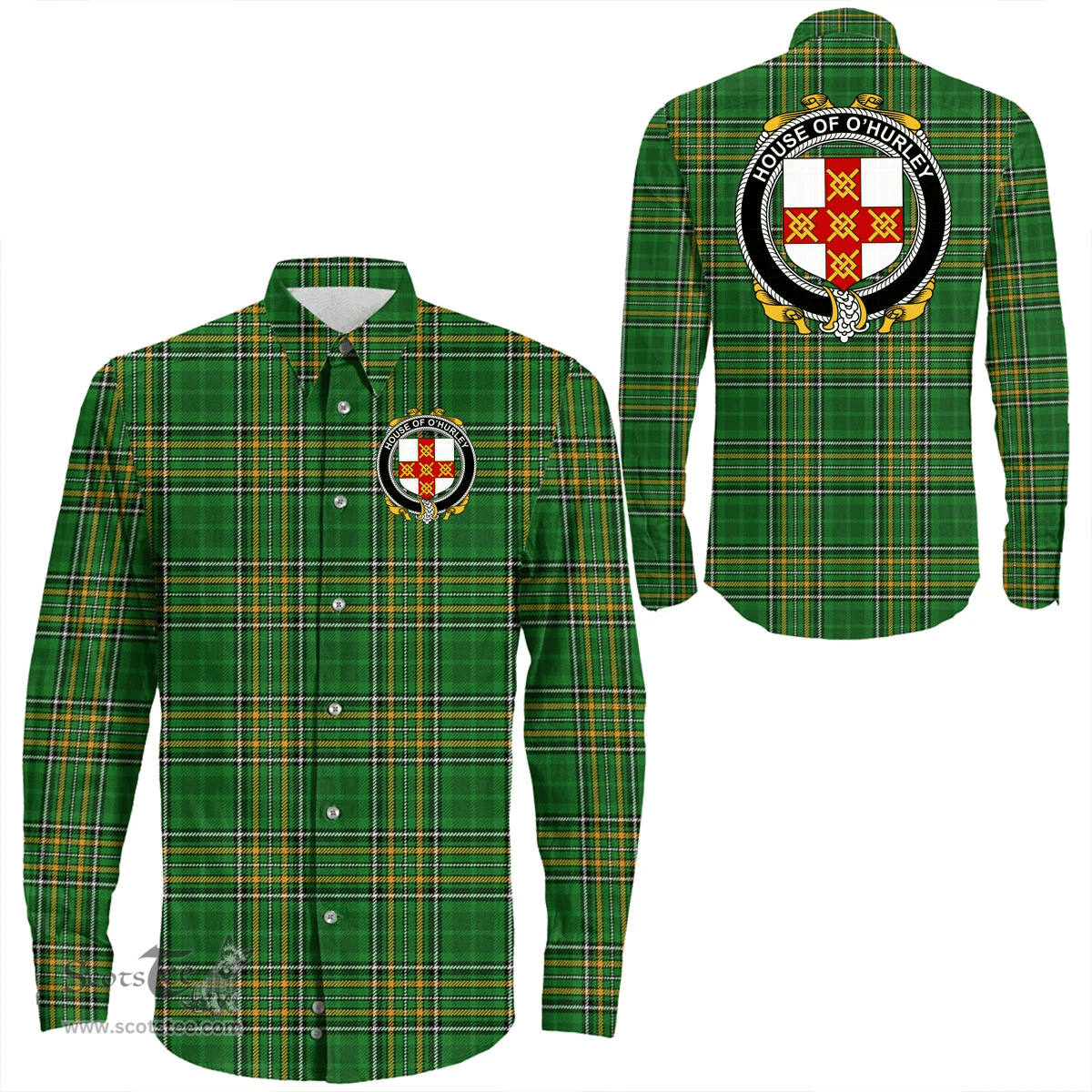 Irish House of O'HURLEY Coat of Arms Family Crest Ireland Long Sleeve Button Shirt Irish National Tartan Irish County Shirts