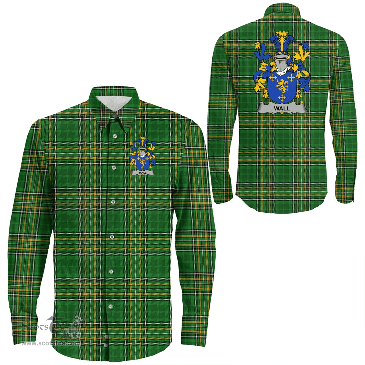 Irish Wall Coat of Arms Family Crest Ireland Long Sleeve Button Shirt Irish National Tartan Irish County Shirts