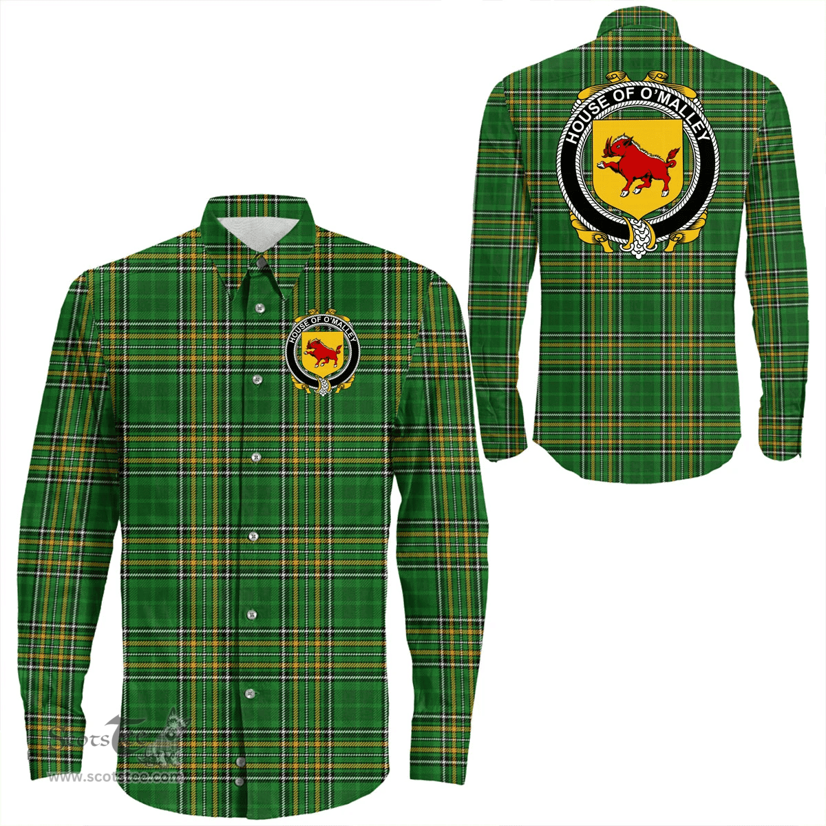 Irish House of O'MALLEY Coat of Arms Family Crest Ireland Long Sleeve Button Shirt Irish National Tartan Irish County Shirts