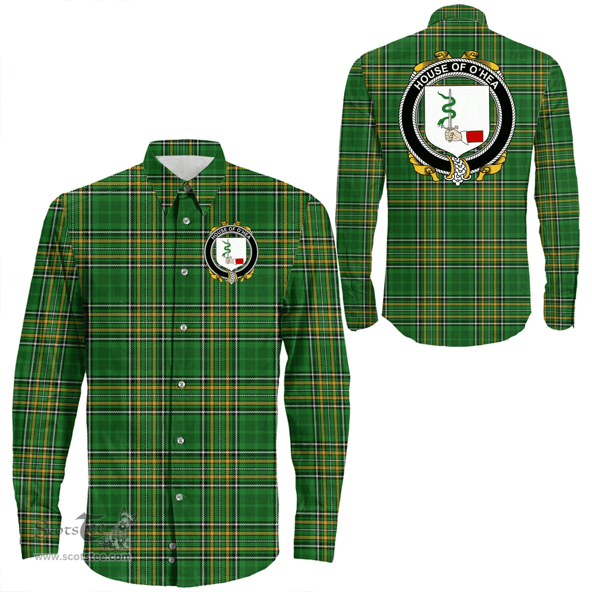 Irish House of O'HEA Coat of Arms Family Crest Ireland Long Sleeve Button Shirt Irish National Tartan Irish County Shirts
