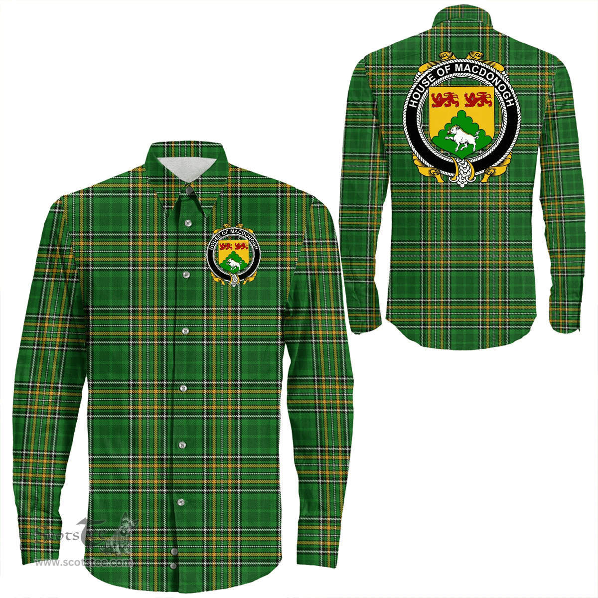 Irish House of MACDONOGH (Connacht) Coat of Arms Family Crest Ireland Long Sleeve Button Shirt Irish National Tartan Irish County Shirts