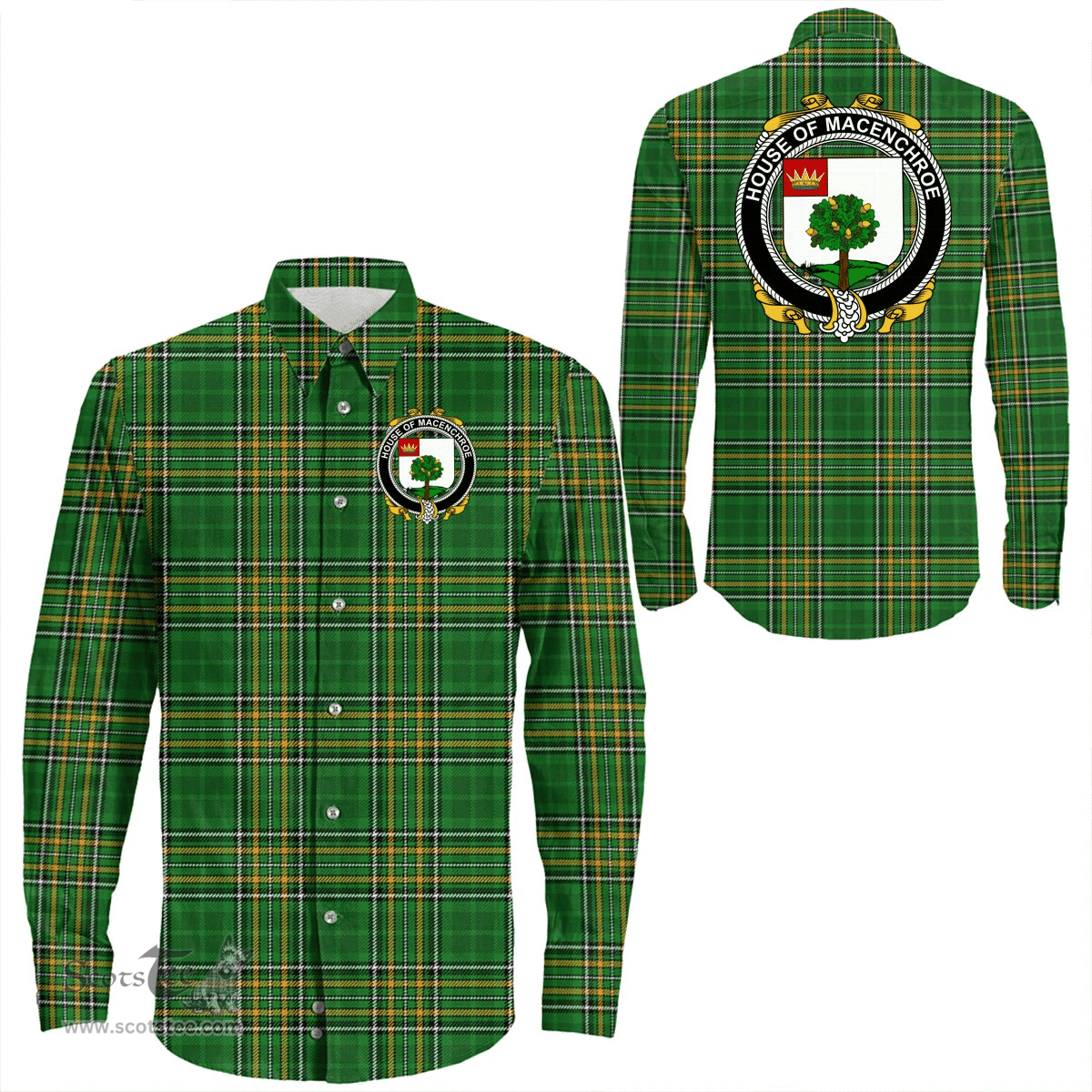 Irish House of MACENCHROE Coat of Arms Family Crest Ireland Long Sleeve Button Shirt Irish National Tartan Irish County Shirts
