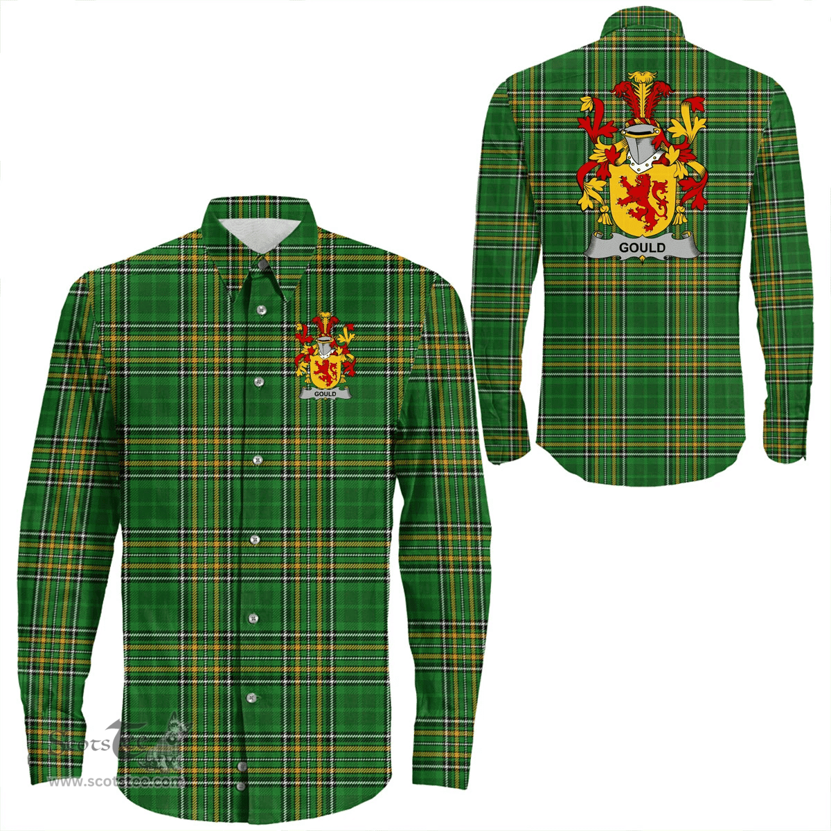 Irish Gould Coat of Arms Family Crest Ireland Long Sleeve Button Shirt Irish National Tartan Irish County Shirts