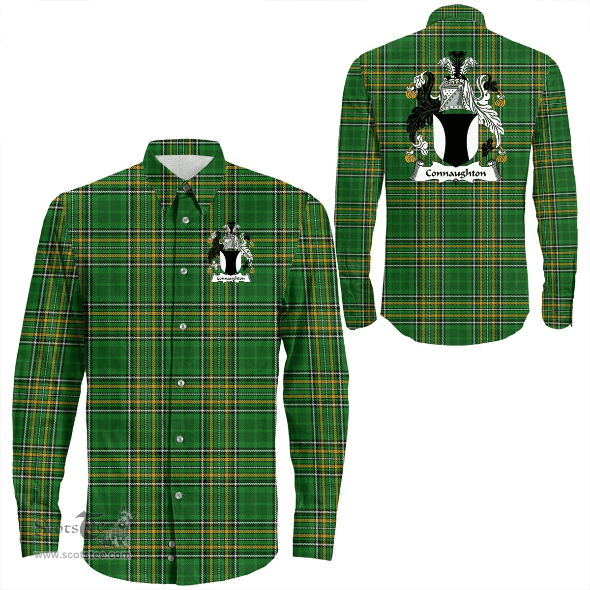 Irish Connaughton Coat of Arms Family Crest Ireland Long Sleeve Button Shirt Irish National Tartan Irish County Shirts