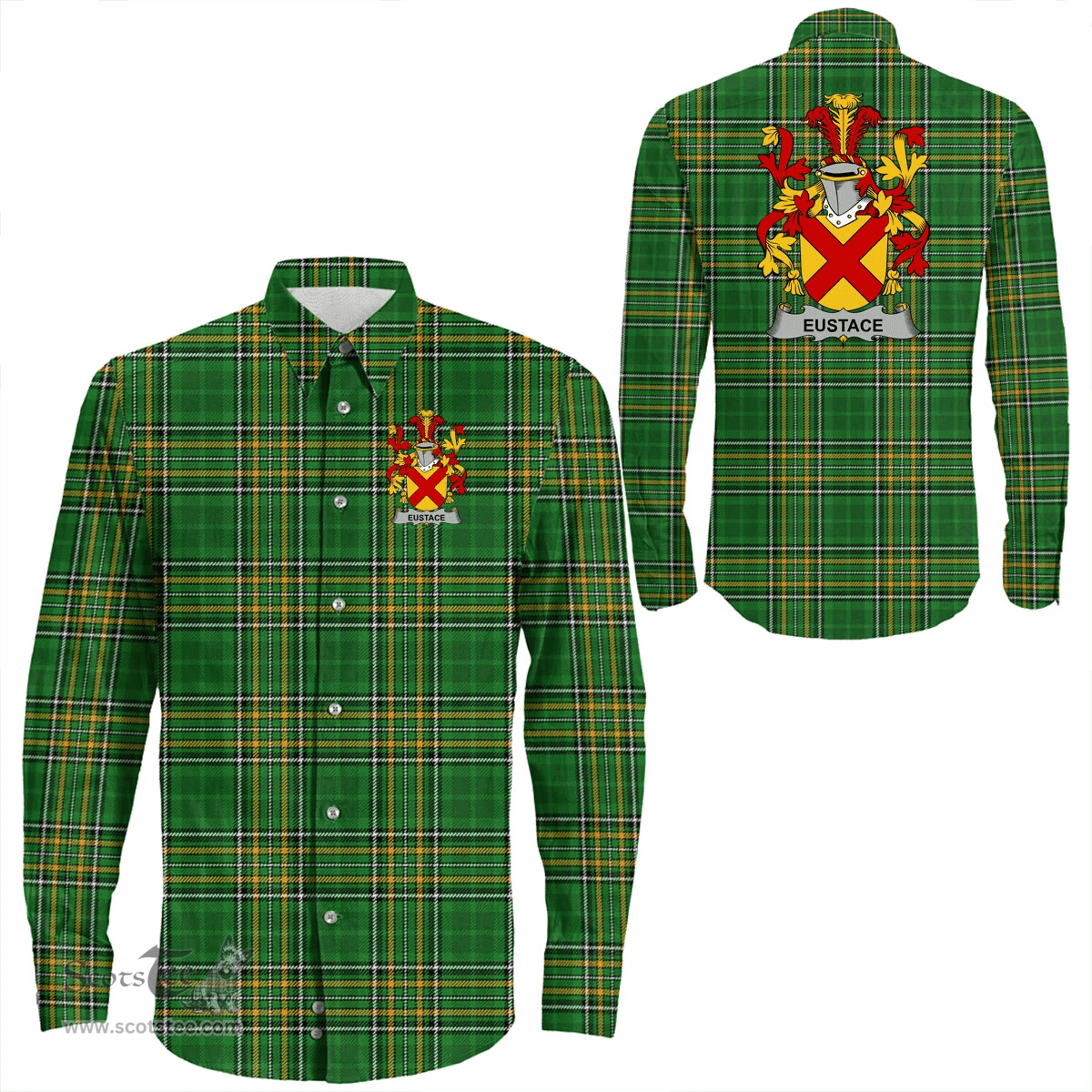Irish Eustace Coat of Arms Family Crest Ireland Long Sleeve Button Shirt Irish National Tartan Irish County Shirts