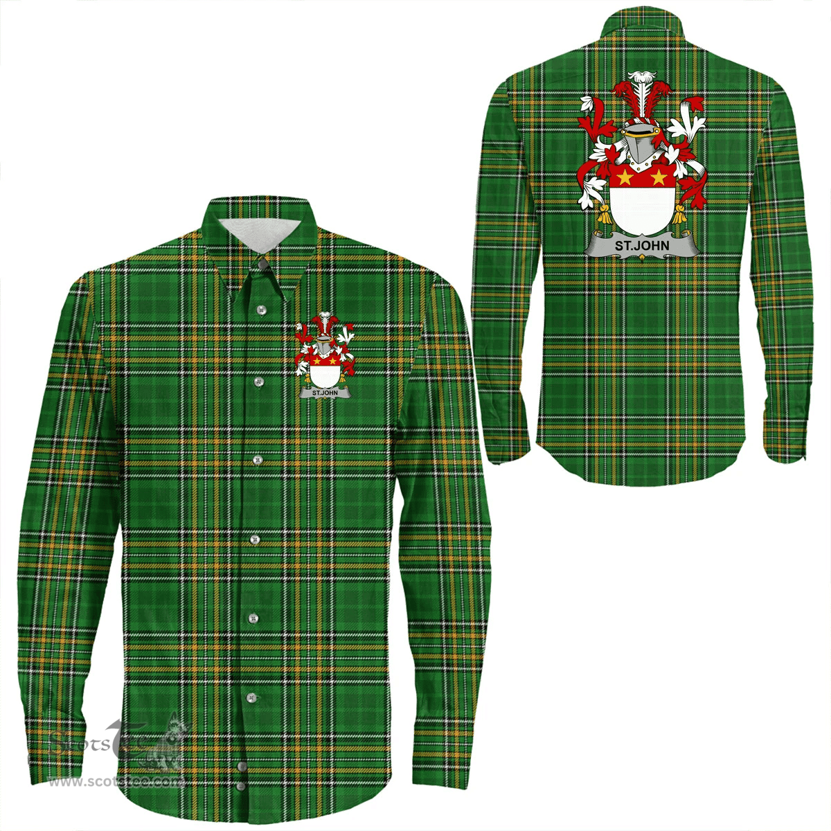 Irish St.John Coat of Arms Family Crest Ireland Long Sleeve Button Shirt Irish National Tartan Irish County Shirts