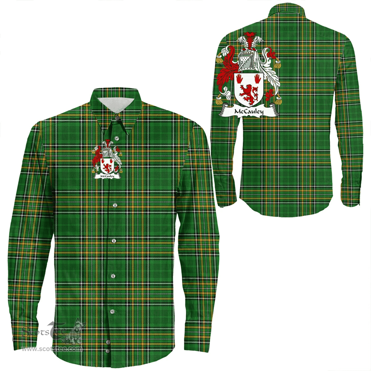 Irish McCauley Coat of Arms Family Crest Ireland Long Sleeve Button Shirt Irish National Tartan Irish County Shirts