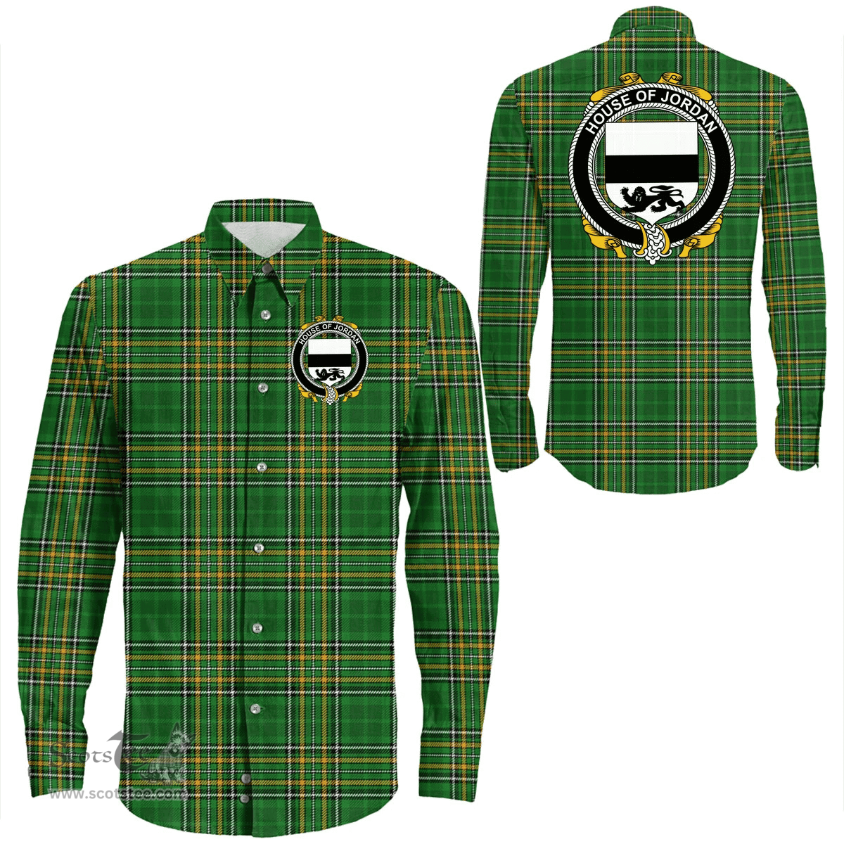 Irish House of JORDAN Coat of Arms Family Crest Ireland Long Sleeve Button Shirt Irish National Tartan Irish County Shirts