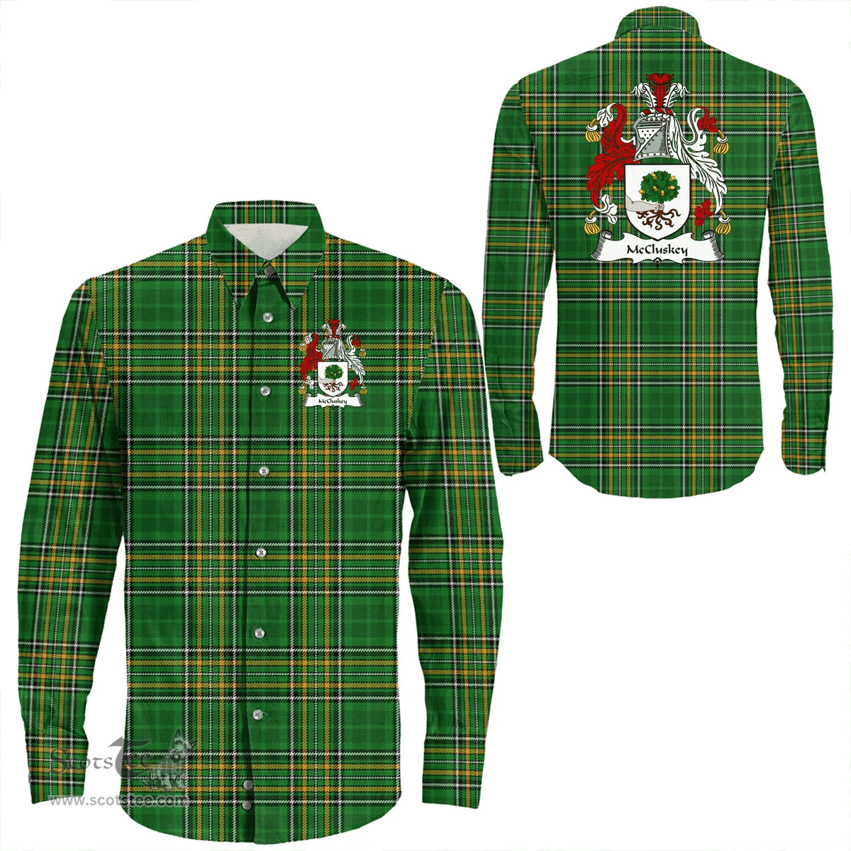 Irish McCluskey Coat of Arms Family Crest Ireland Long Sleeve Button Shirt Irish National Tartan Irish County Shirts