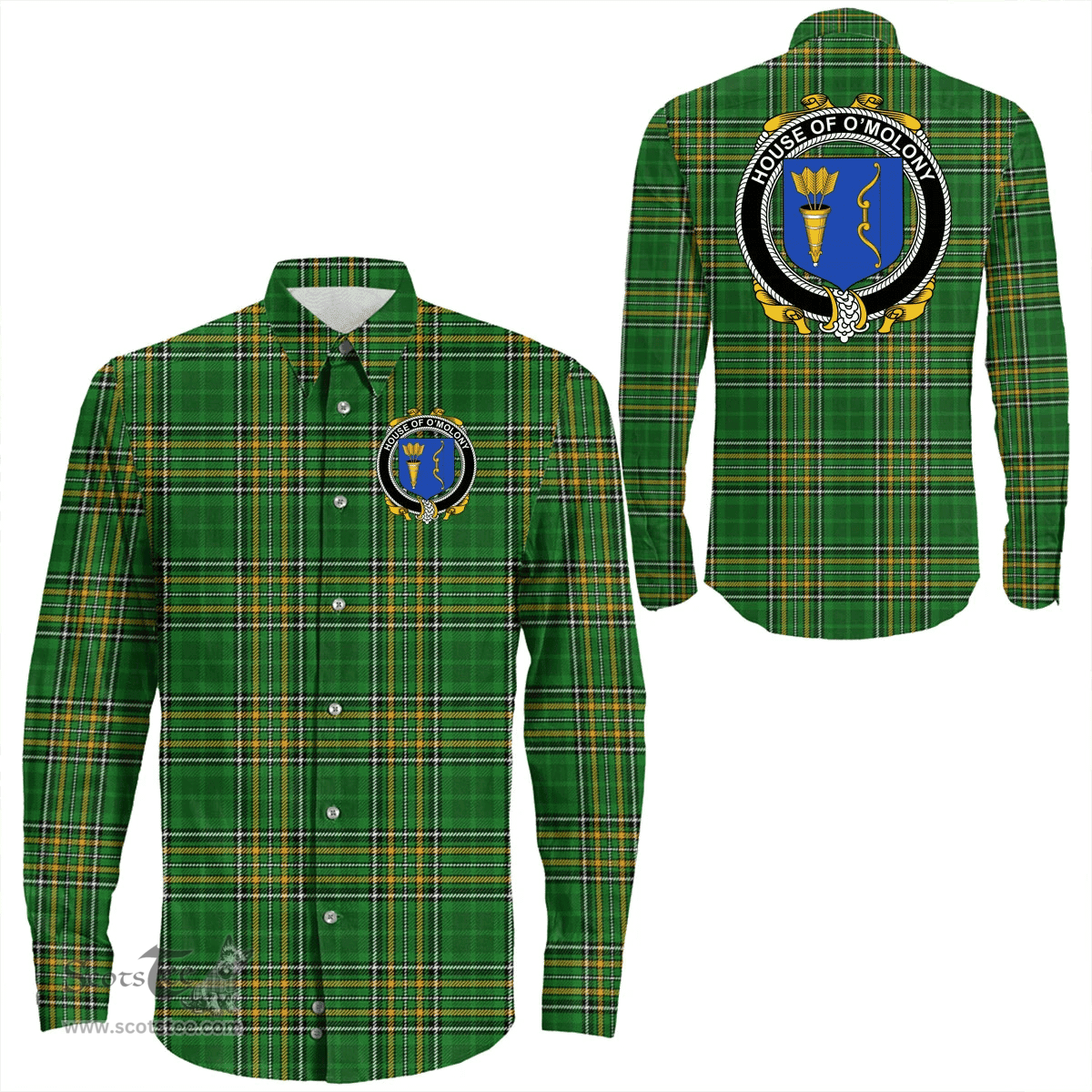 Irish House of O'MOLONY Coat of Arms Family Crest Ireland Long Sleeve Button Shirt Irish National Tartan Irish County Shirts