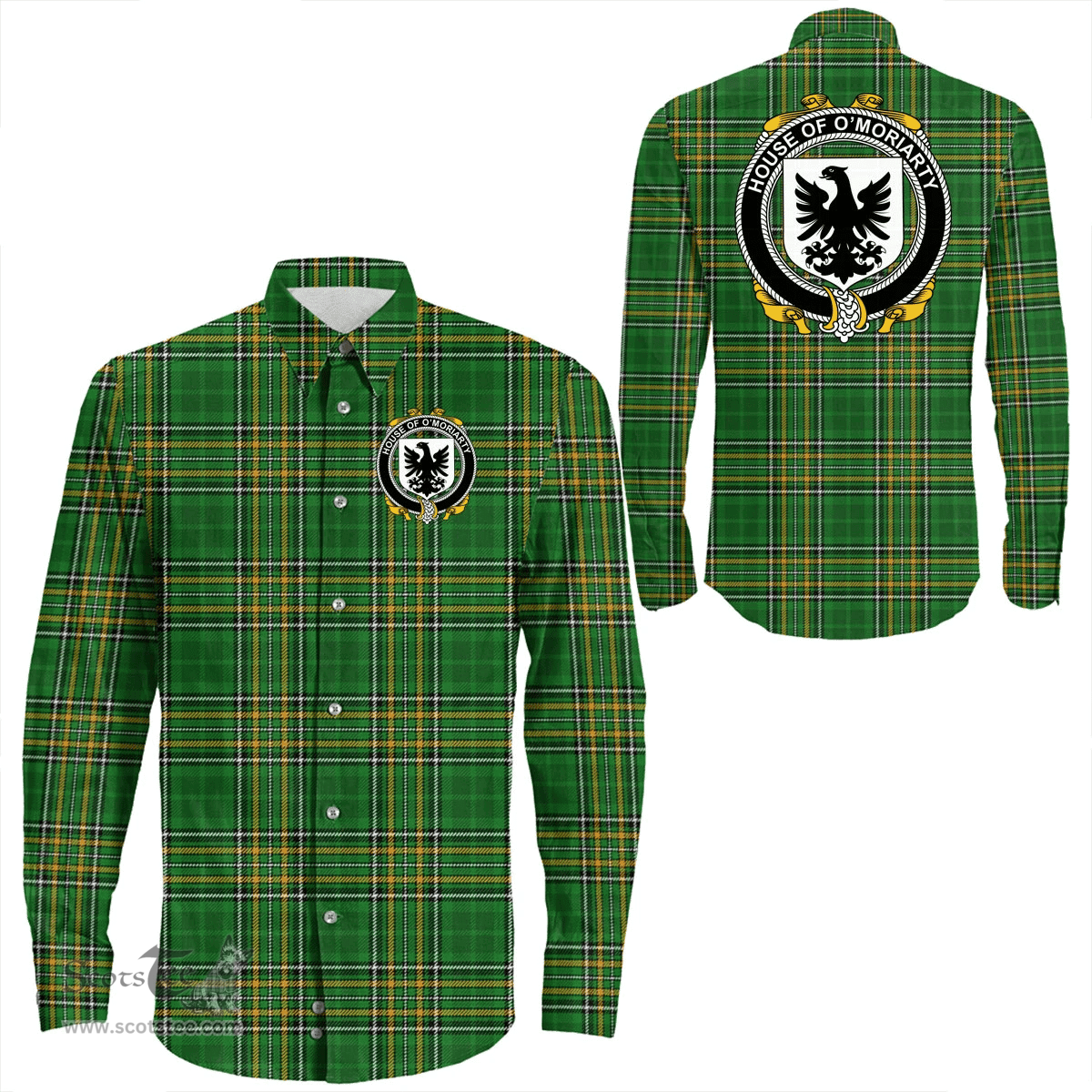 Irish House of O'MORIARTY Coat of Arms Family Crest Ireland Long Sleeve Button Shirt Irish National Tartan Irish County Shirts